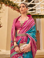 Monjolika Fashion Blue & Rani Colour Sigma Silk Patola Printed Saree With Blouse | Grocsy