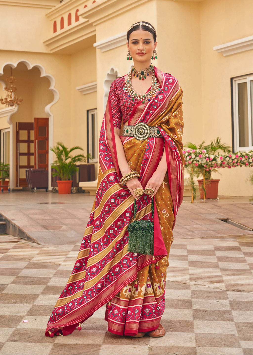 Monjolika Fashion Mustard Colour Sigma Silk Patola Printed Saree With Blouse | Grocsy