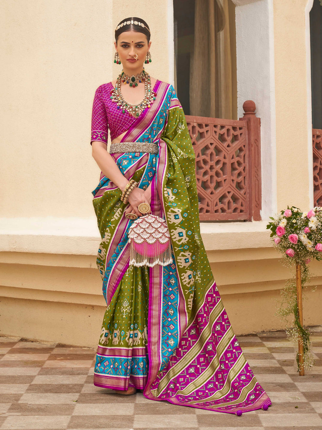 Monjolika Fashion Mehendi Colour Sigma Silk Patola Printed Saree With Blouse | Grocsy