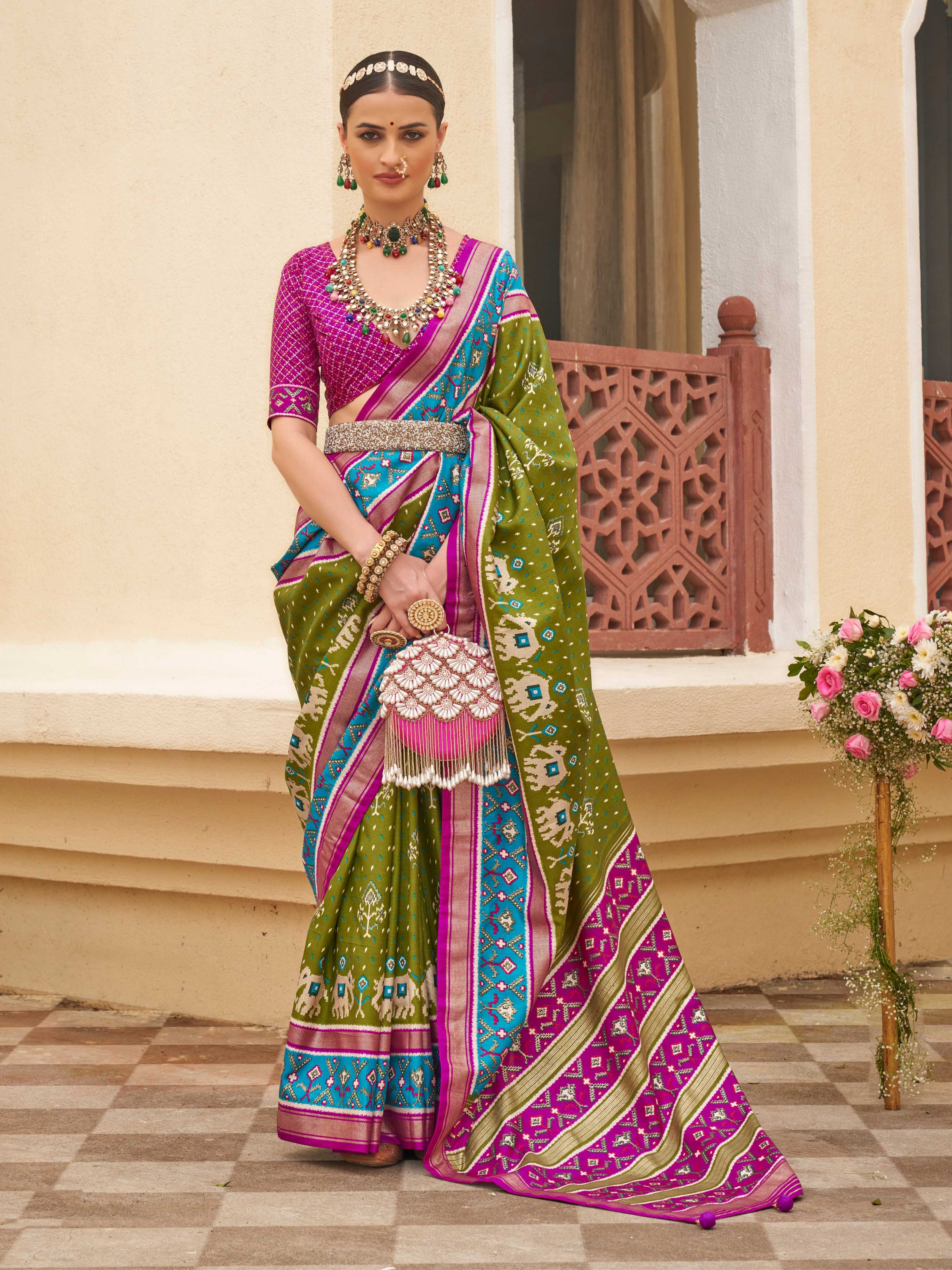 Monjolika Fashion Mehendi Colour Sigma Silk Patola Printed Saree With Blouse | Grocsy