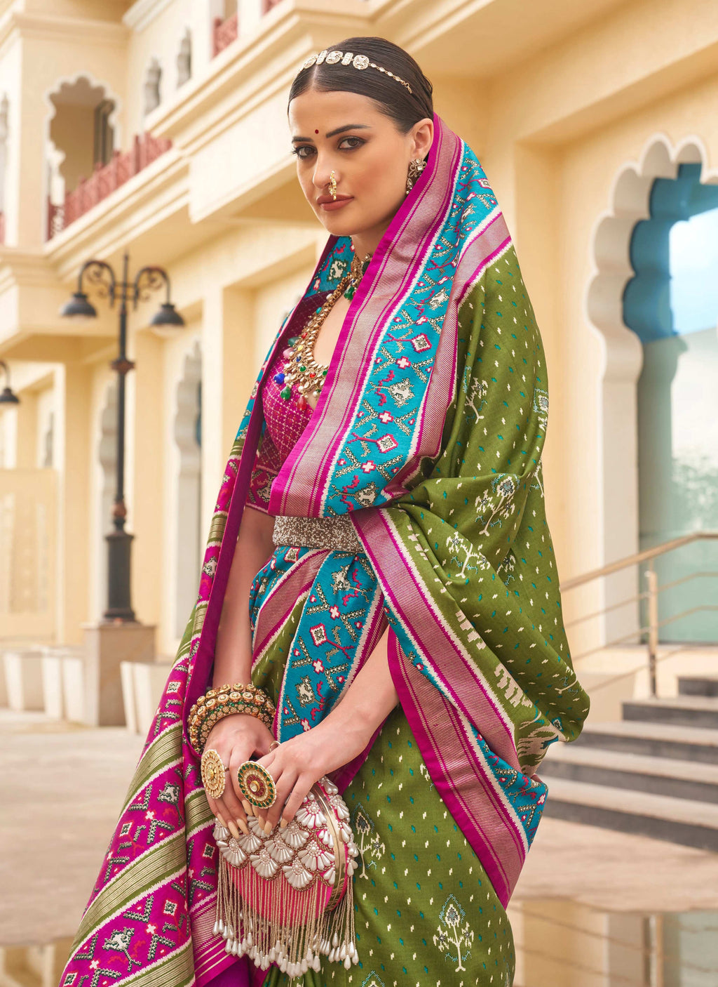 Monjolika Fashion Mehendi Colour Sigma Silk Patola Printed Saree With Blouse | Grocsy