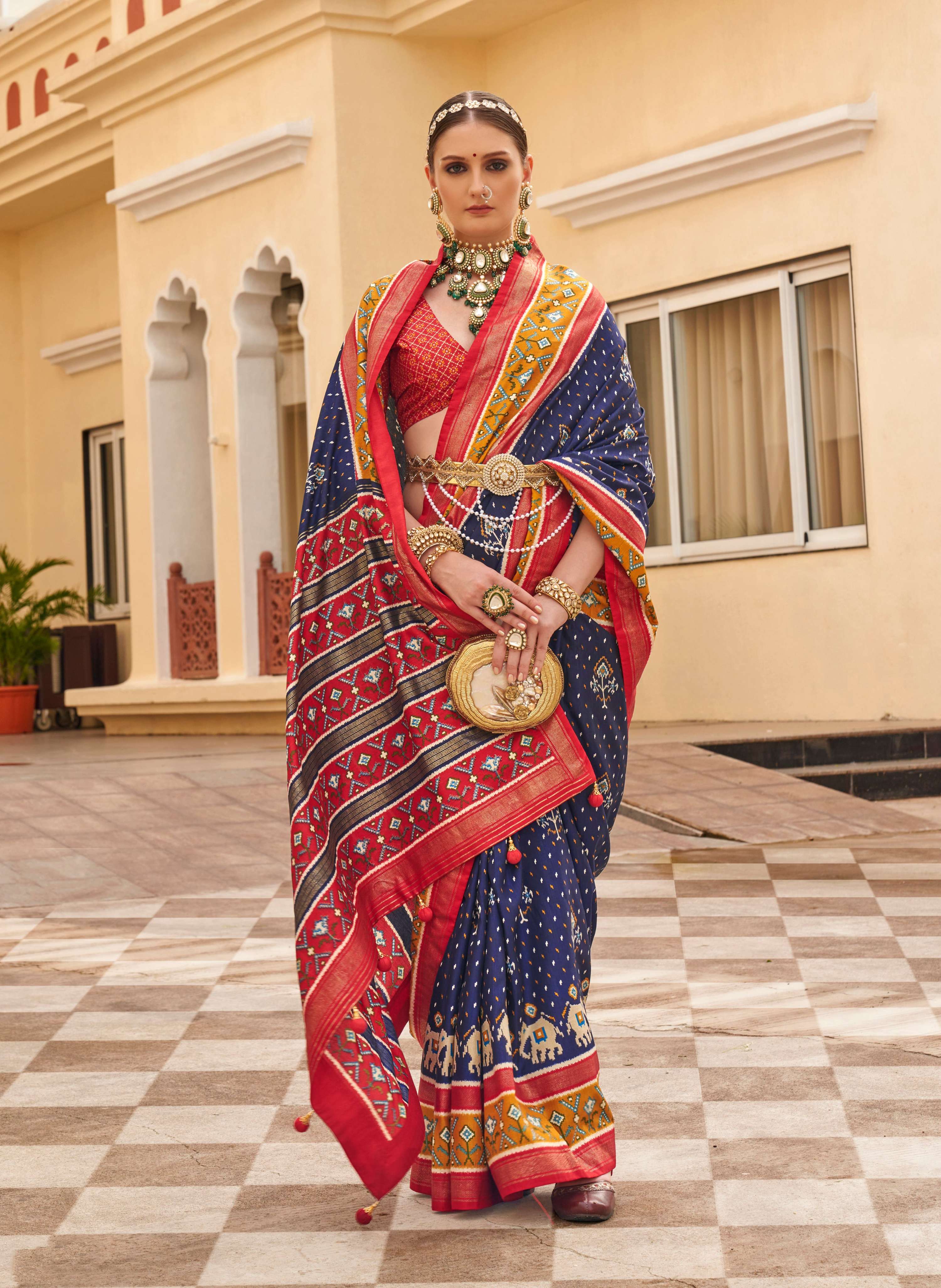 Monjolika Fashion Navy Blue Colour Sigma Silk Patola Printed Saree With Blouse | Grocsy