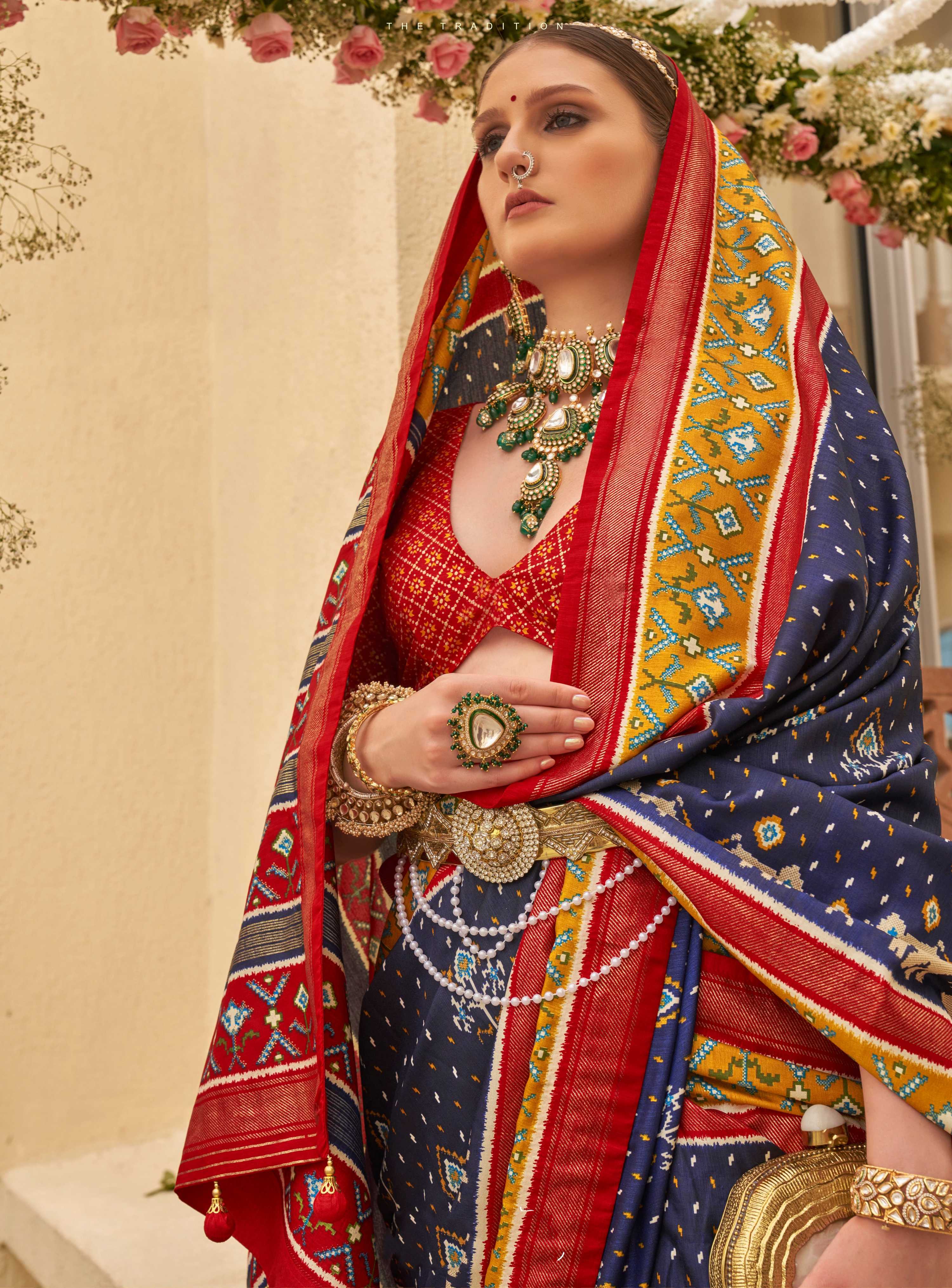 Monjolika Fashion Navy Blue Colour Sigma Silk Patola Printed Saree With Blouse | Grocsy