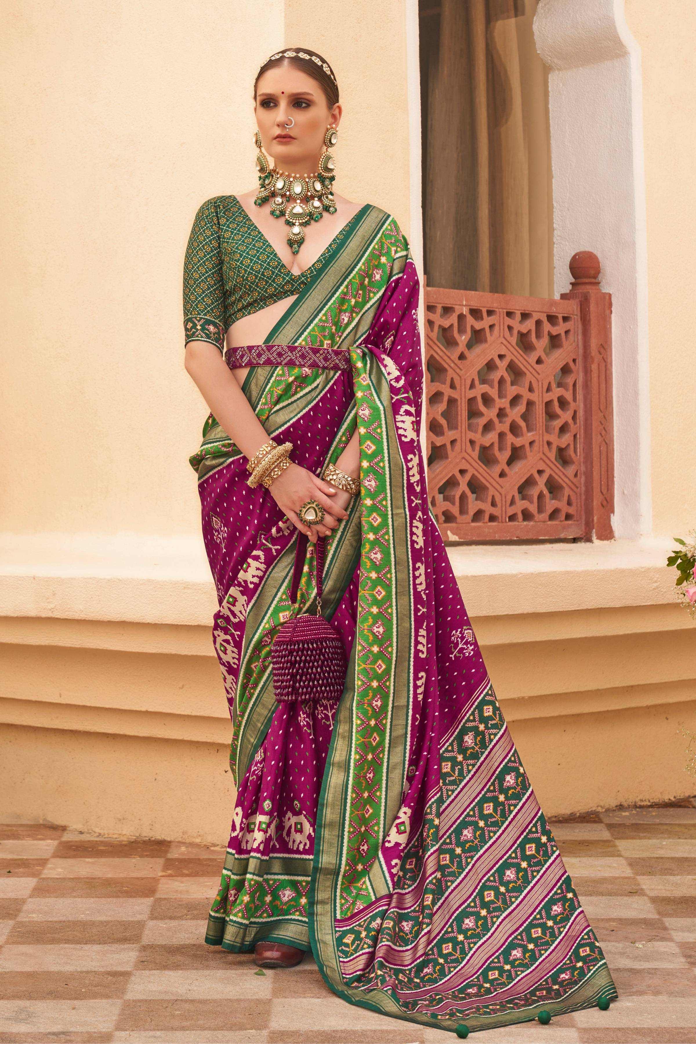 Monjolika Fashion Dark Purple Colour Sigma Silk Patola Printed Saree With Blouse | Grocsy