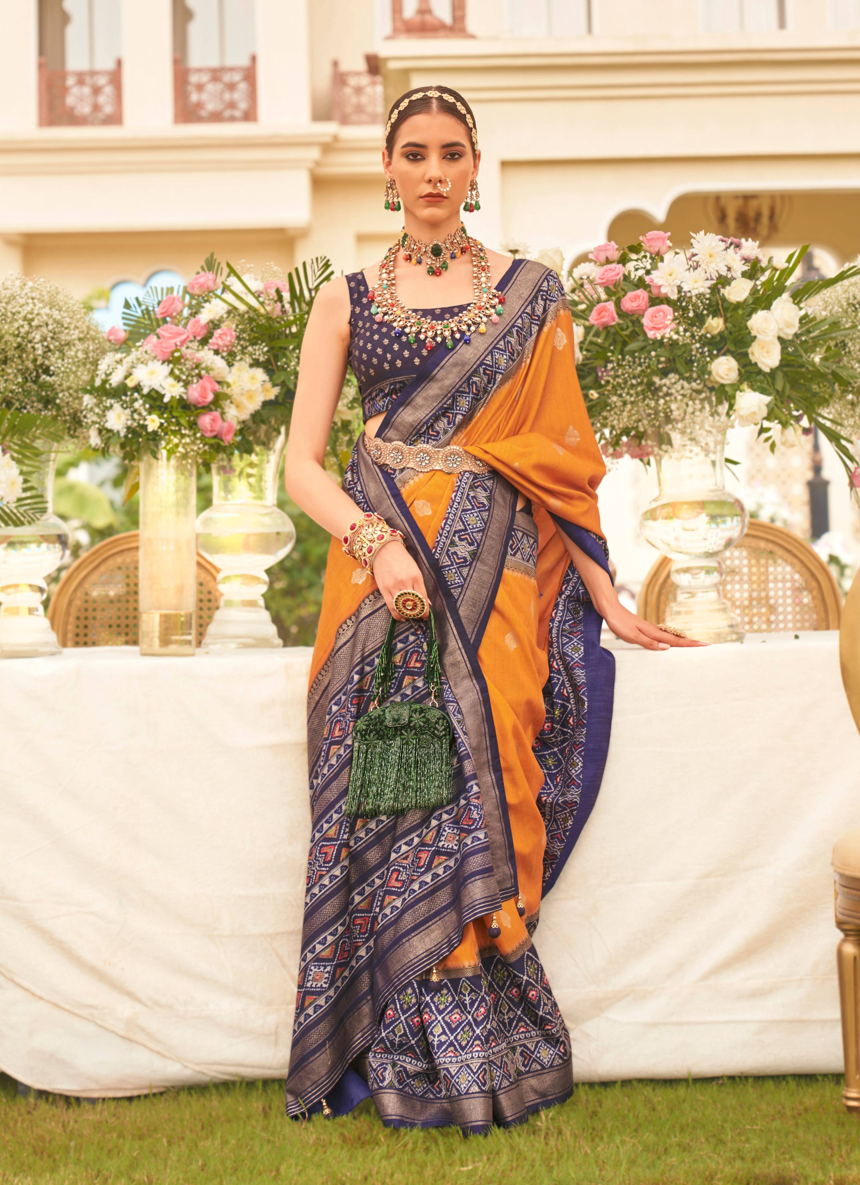 Monjolika Fashion Mustard Colour Sigma Silk Patola Printed Saree With Blouse | Grocsy