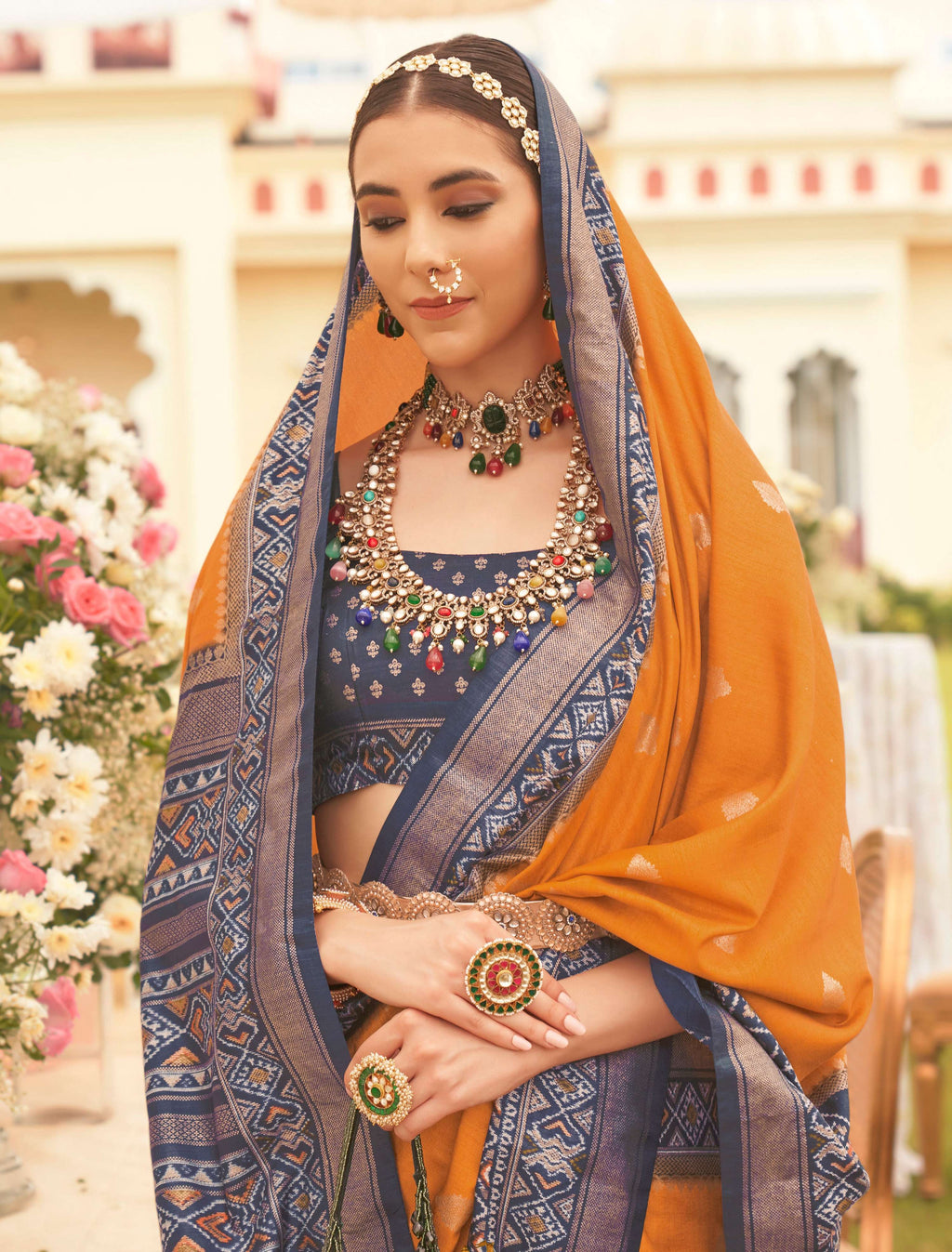 Monjolika Fashion Mustard Colour Sigma Silk Patola Printed Saree With Blouse | Grocsy