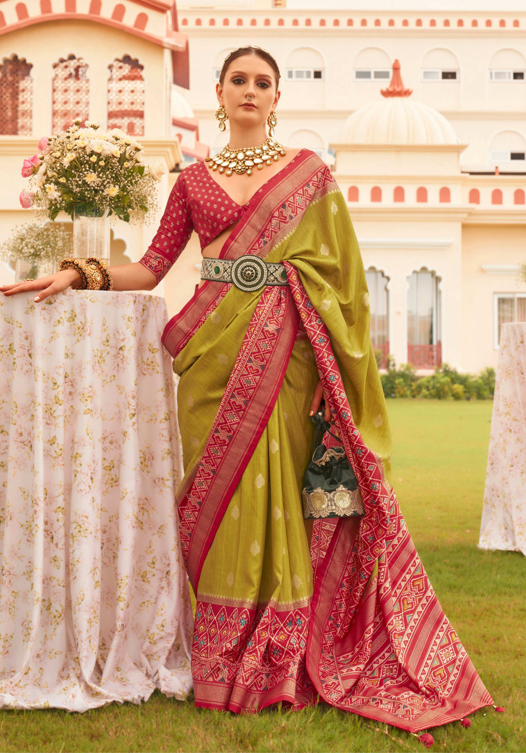 Monjolika Fashion Olive & Maroon Colour Sigma Silk Patola Printed Saree With Blouse | Grocsy