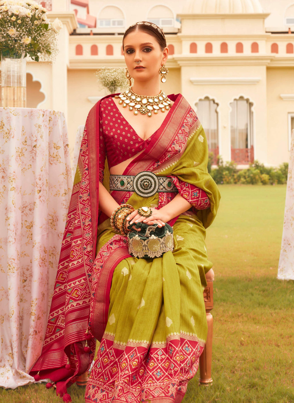 Monjolika Fashion Olive & Maroon Colour Sigma Silk Patola Printed Saree With Blouse | Grocsy