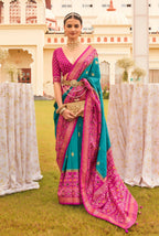 Monjolika Fashion Blue & Rani Colour Sigma Silk Patola Printed Saree With Blouse | Grocsy