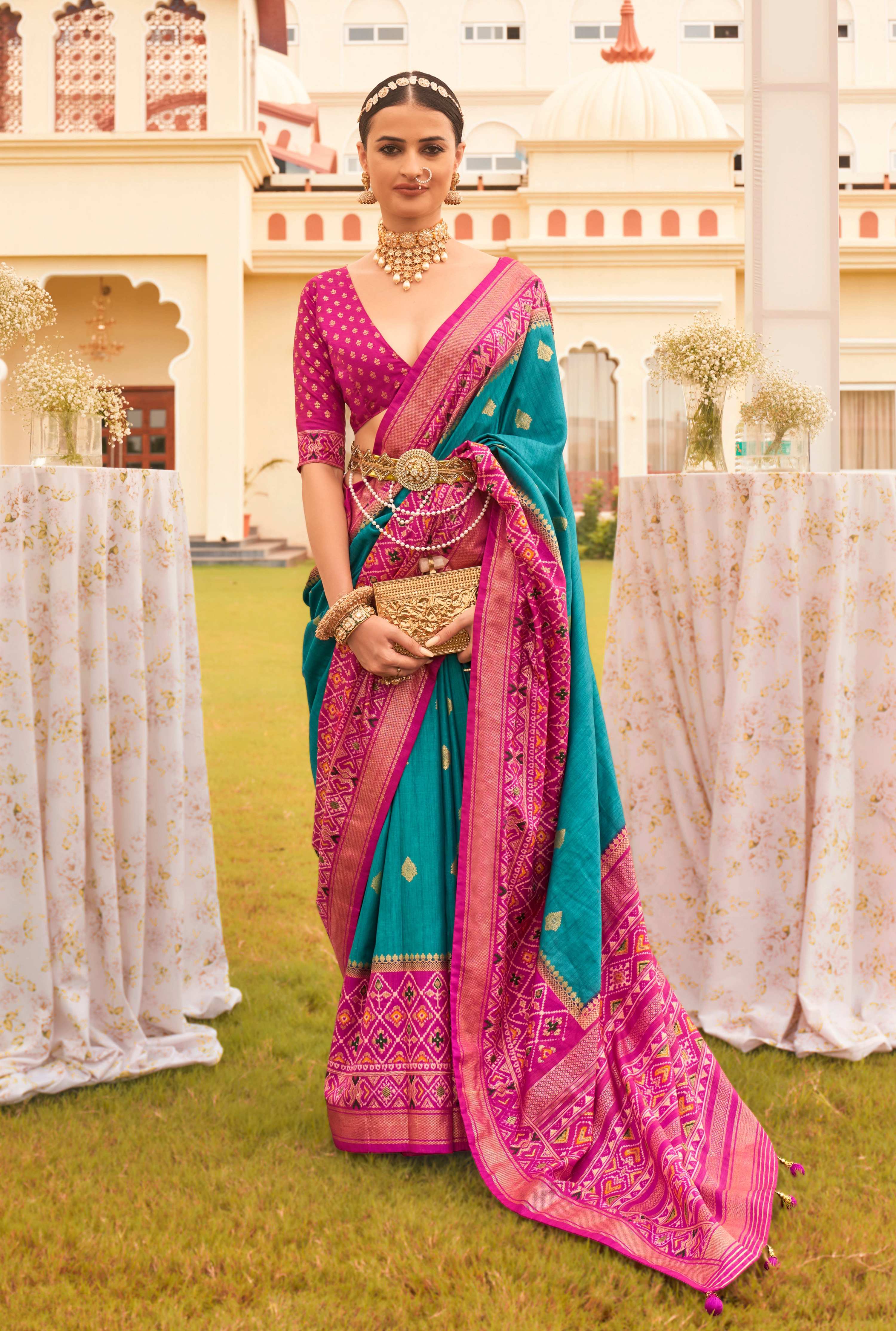 Monjolika Fashion Blue & Rani Colour Sigma Silk Patola Printed Saree With Blouse | Grocsy