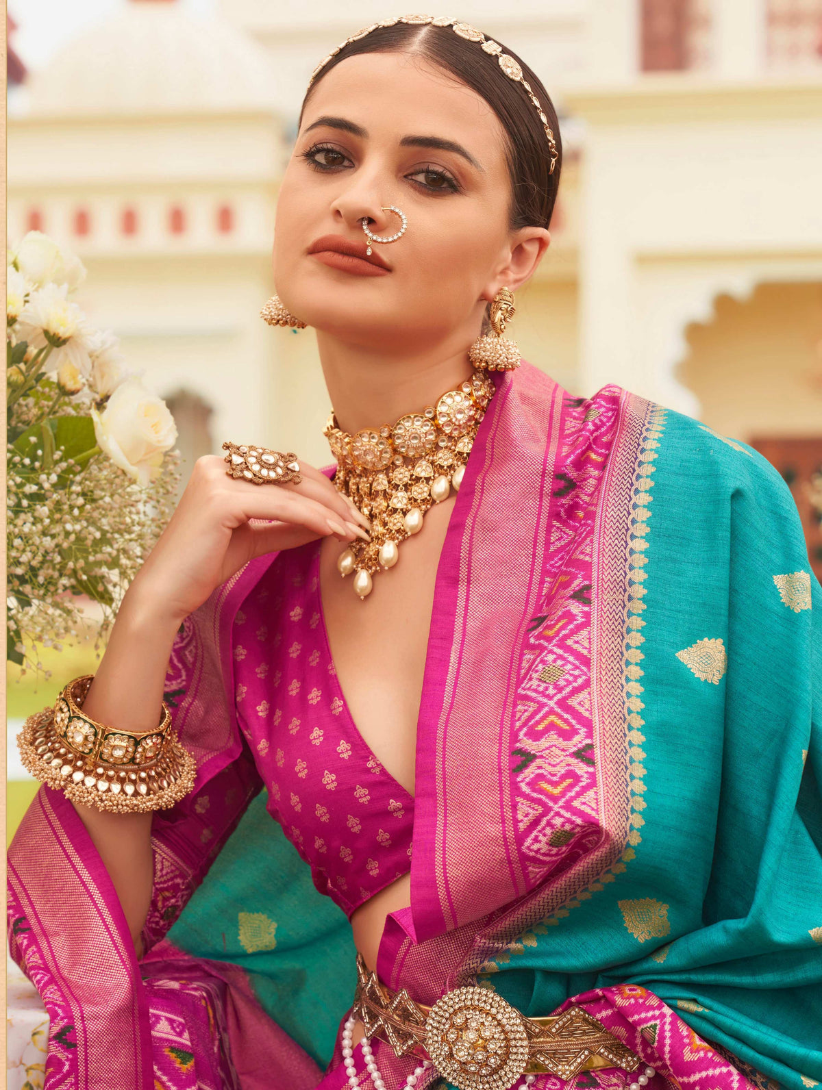Monjolika Fashion Blue & Rani Colour Sigma Silk Patola Printed Saree With Blouse | Grocsy