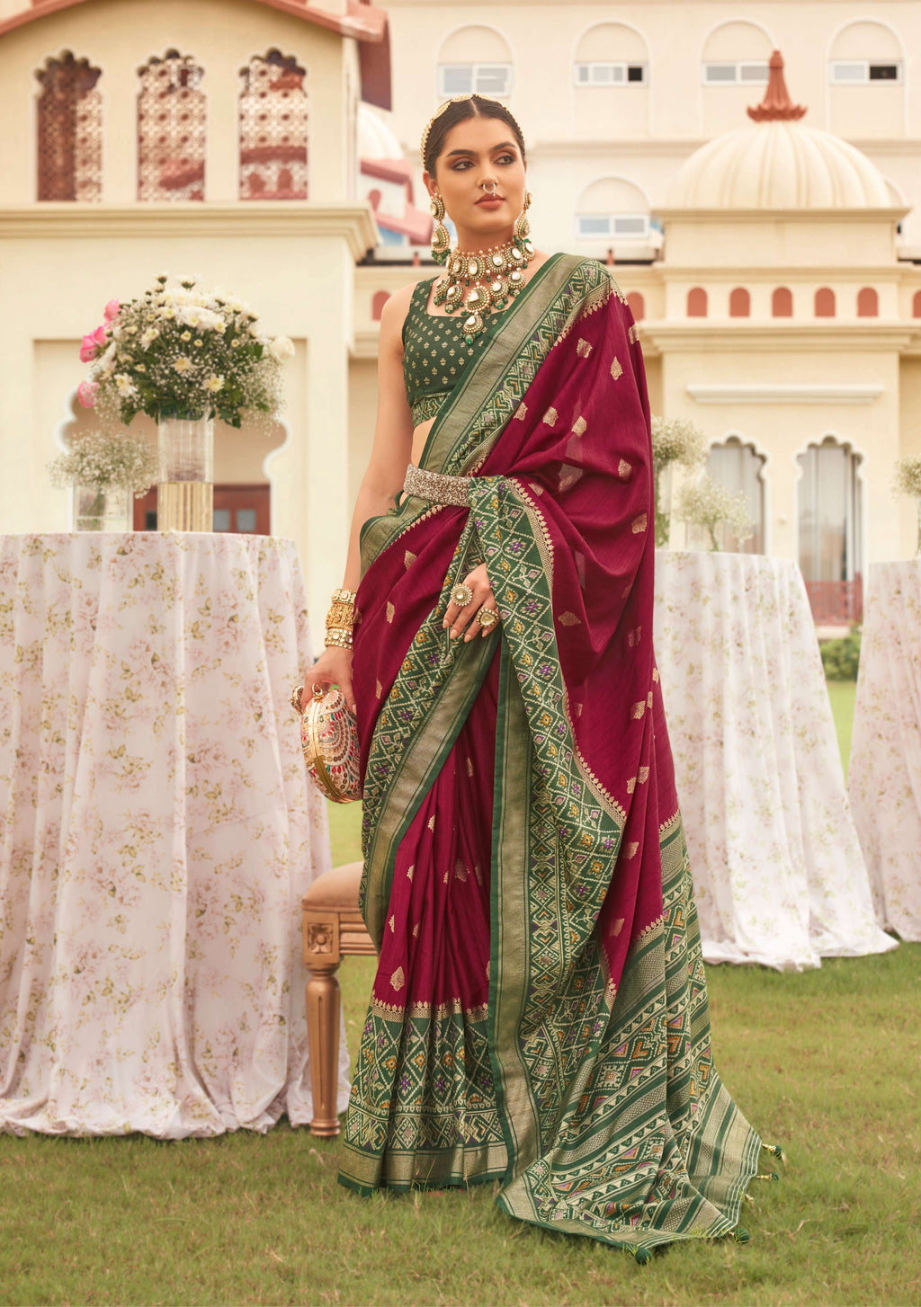 Monjolika Fashion Wine & Mehendi Colour Sigma Silk Patola Printed Saree With Blouse | Grocsy