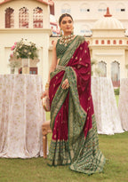 Monjolika Fashion Wine & Mehendi Colour Sigma Silk Patola Printed Saree With Blouse | Grocsy