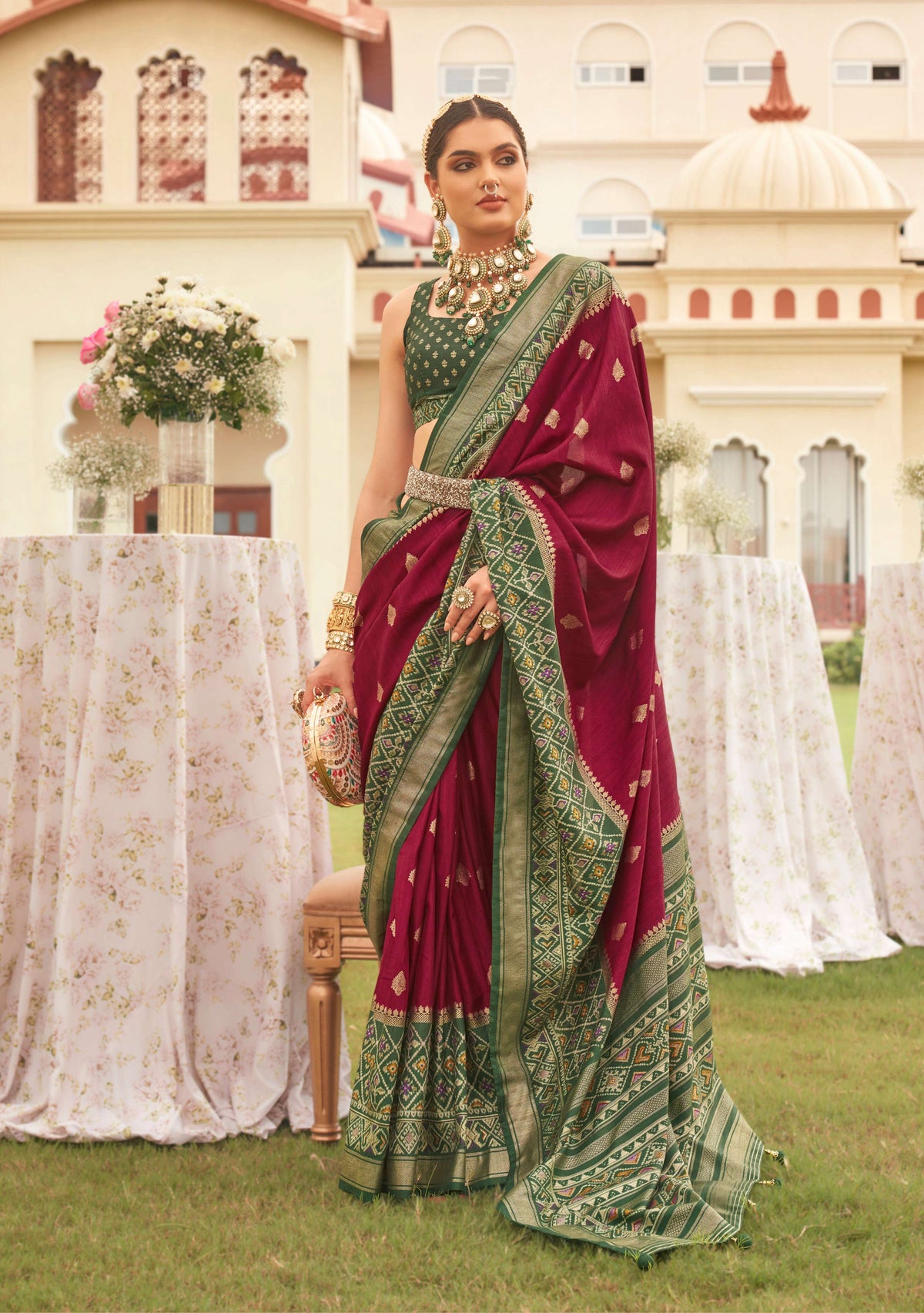 Monjolika Fashion Wine & Mehendi Colour Sigma Silk Patola Printed Saree With Blouse | Grocsy