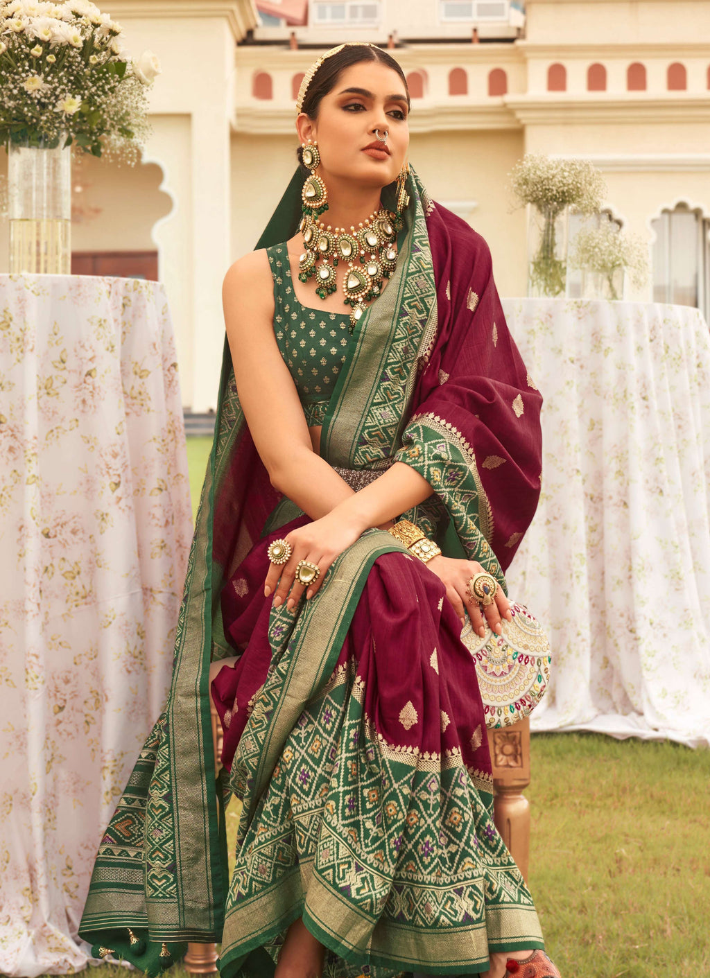 Monjolika Fashion Wine & Mehendi Colour Sigma Silk Patola Printed Saree With Blouse | Grocsy