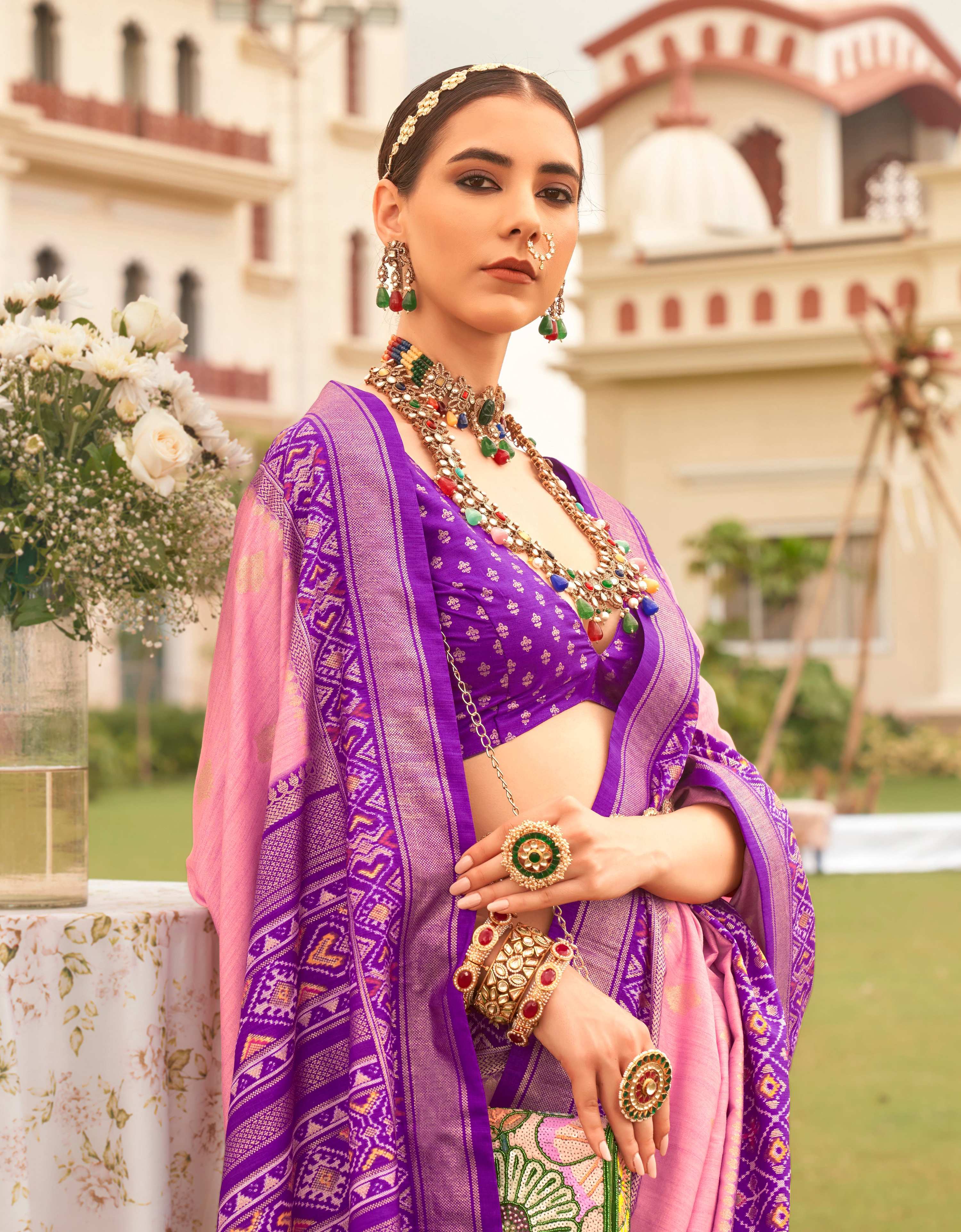 Monjolika Fashion Baby Pink Colour Sigma Silk Patola Printed Saree With Blouse | Grocsy