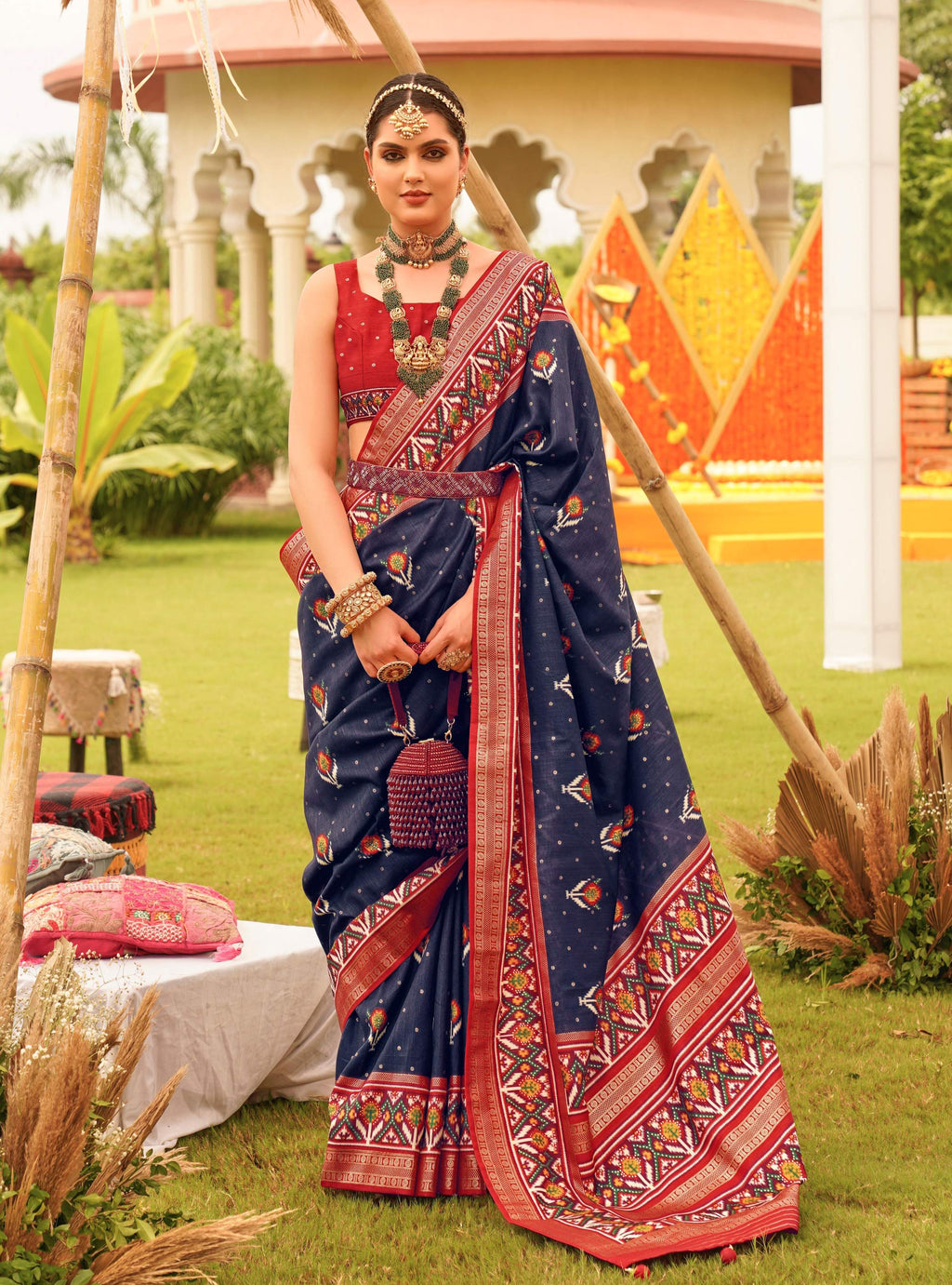 Monjolika Fashion Navy Blue Colour Sigma Silk Patola Printed Saree With Blouse | Grocsy