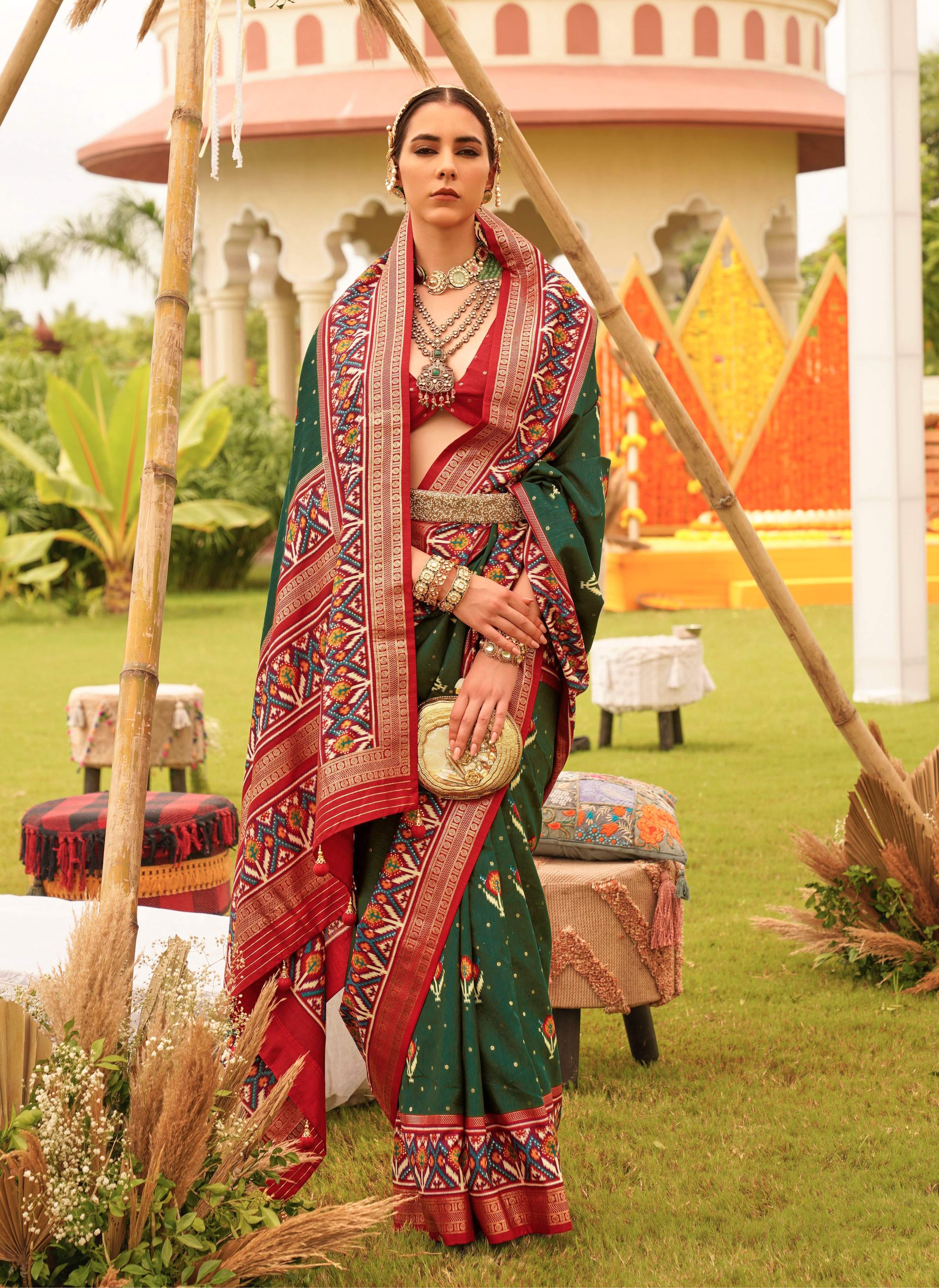 Monjolika Fashion Dark Green Colour Sigma Silk Patola Printed Saree With Blouse | Grocsy