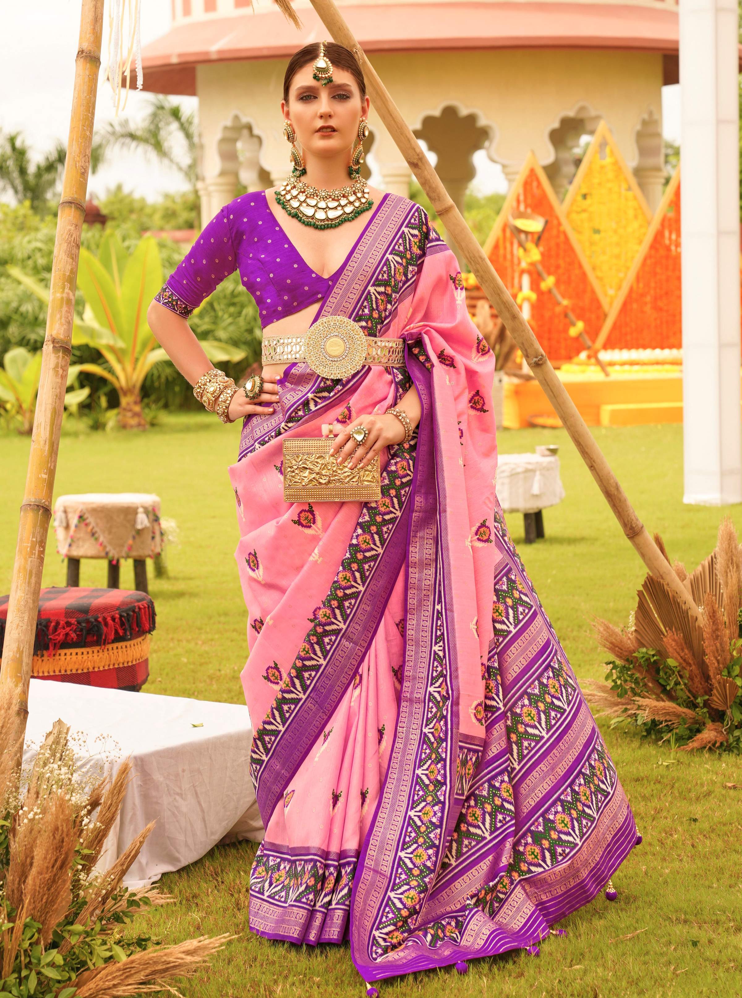 Monjolika Fashion Baby Pink Colour Sigma Silk Patola Printed Saree With Blouse | Grocsy
