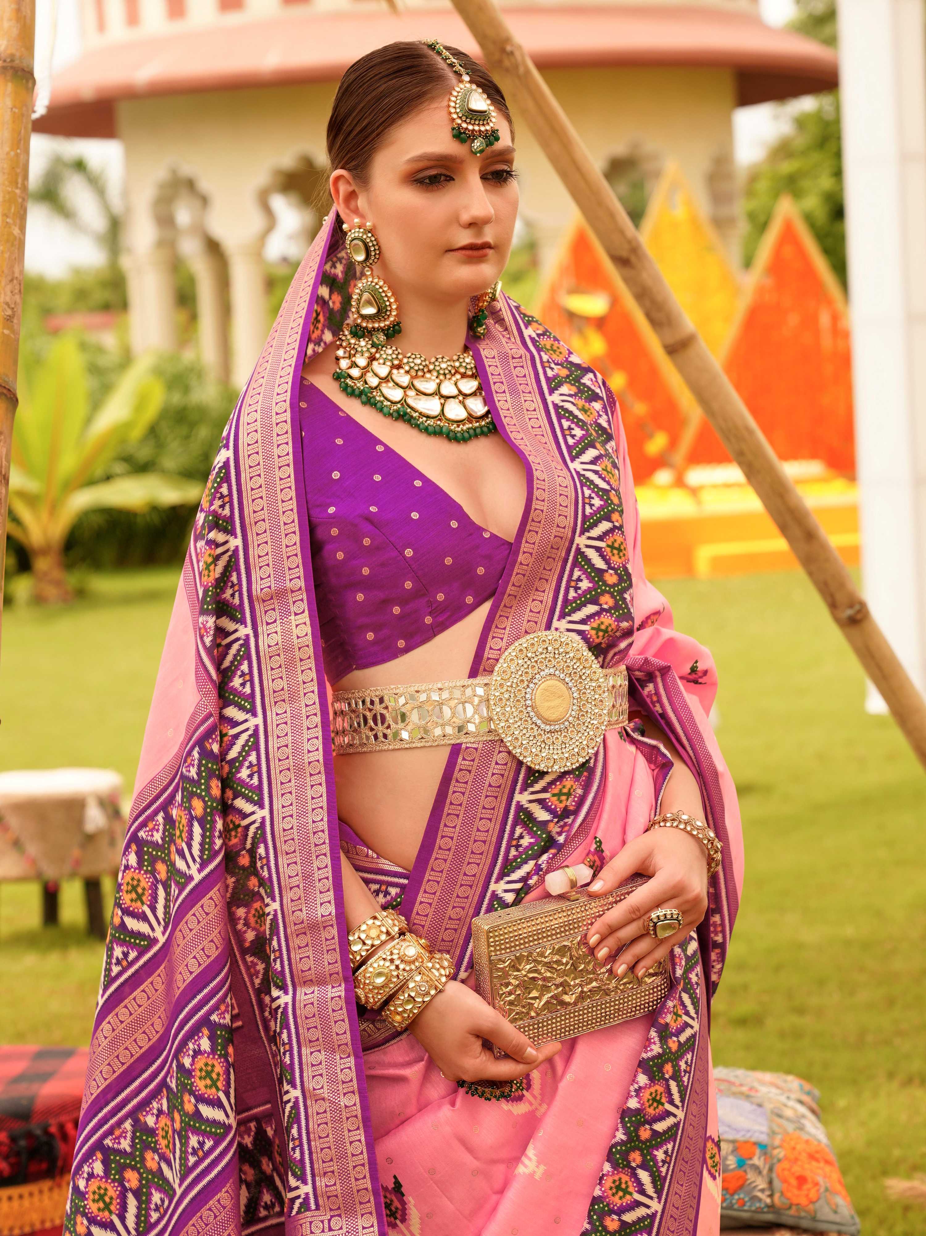 Monjolika Fashion Baby Pink Colour Sigma Silk Patola Printed Saree With Blouse | Grocsy