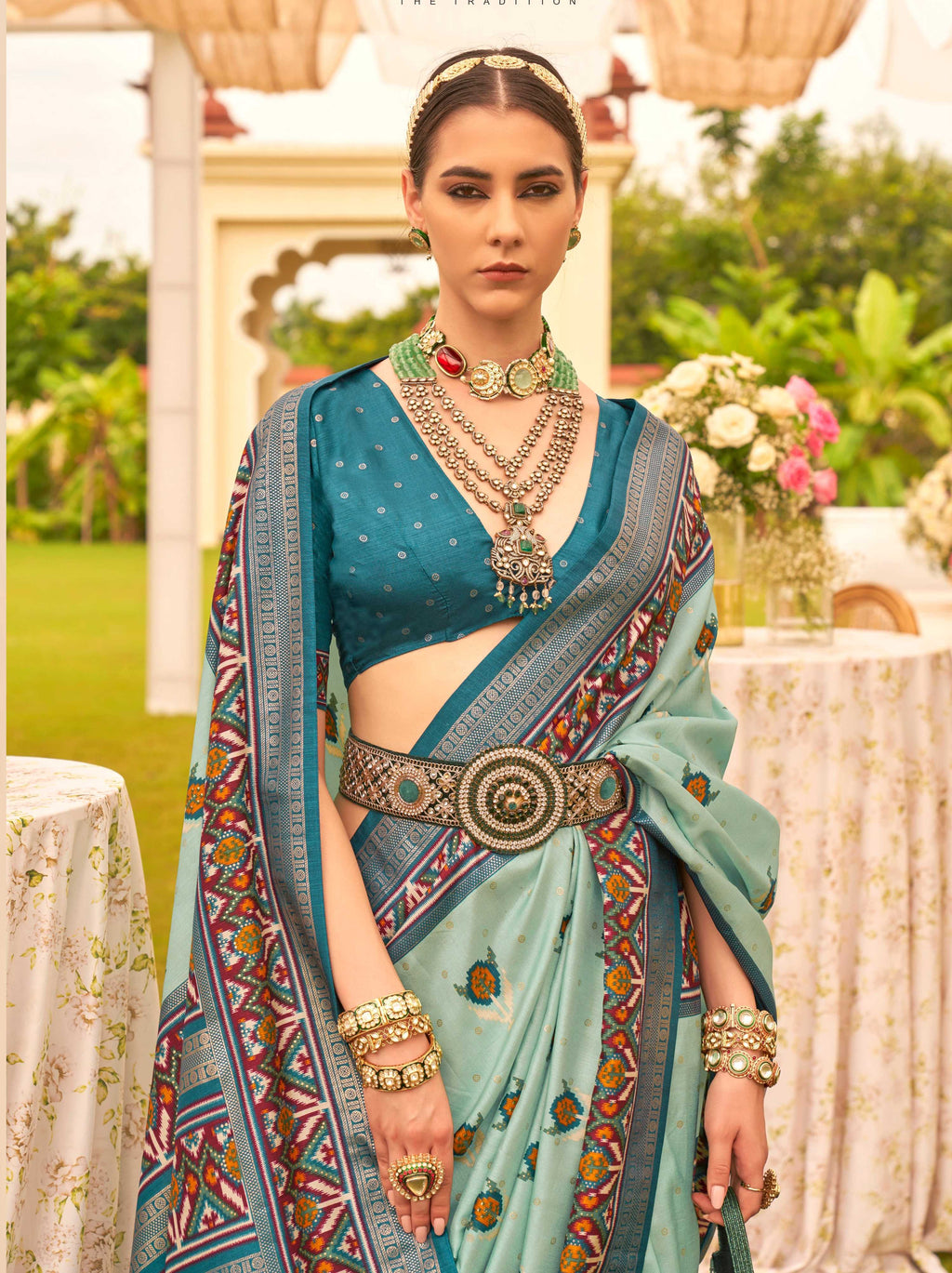 Monjolika Fashion Sea Green Colour Sigma Silk Patola Printed Saree With Blouse | Grocsy