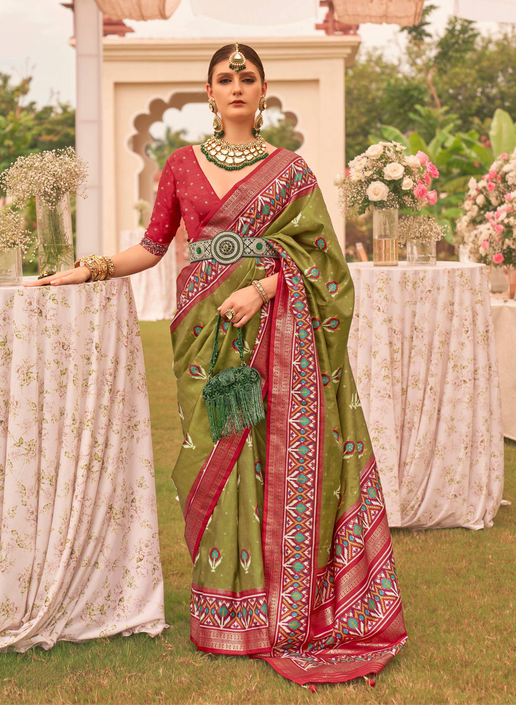 Monjolika Fashion Mehendi Colour Sigma Silk Patola Printed Saree With Blouse | Grocsy