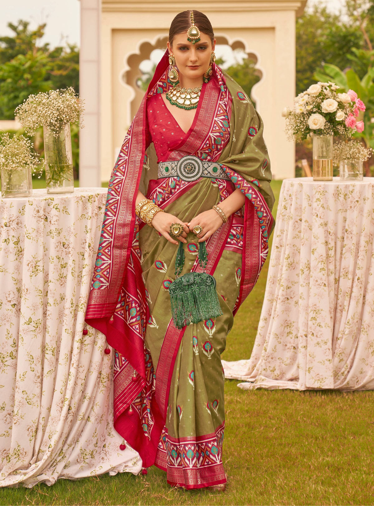 Monjolika Fashion Mehendi Colour Sigma Silk Patola Printed Saree With Blouse | Grocsy