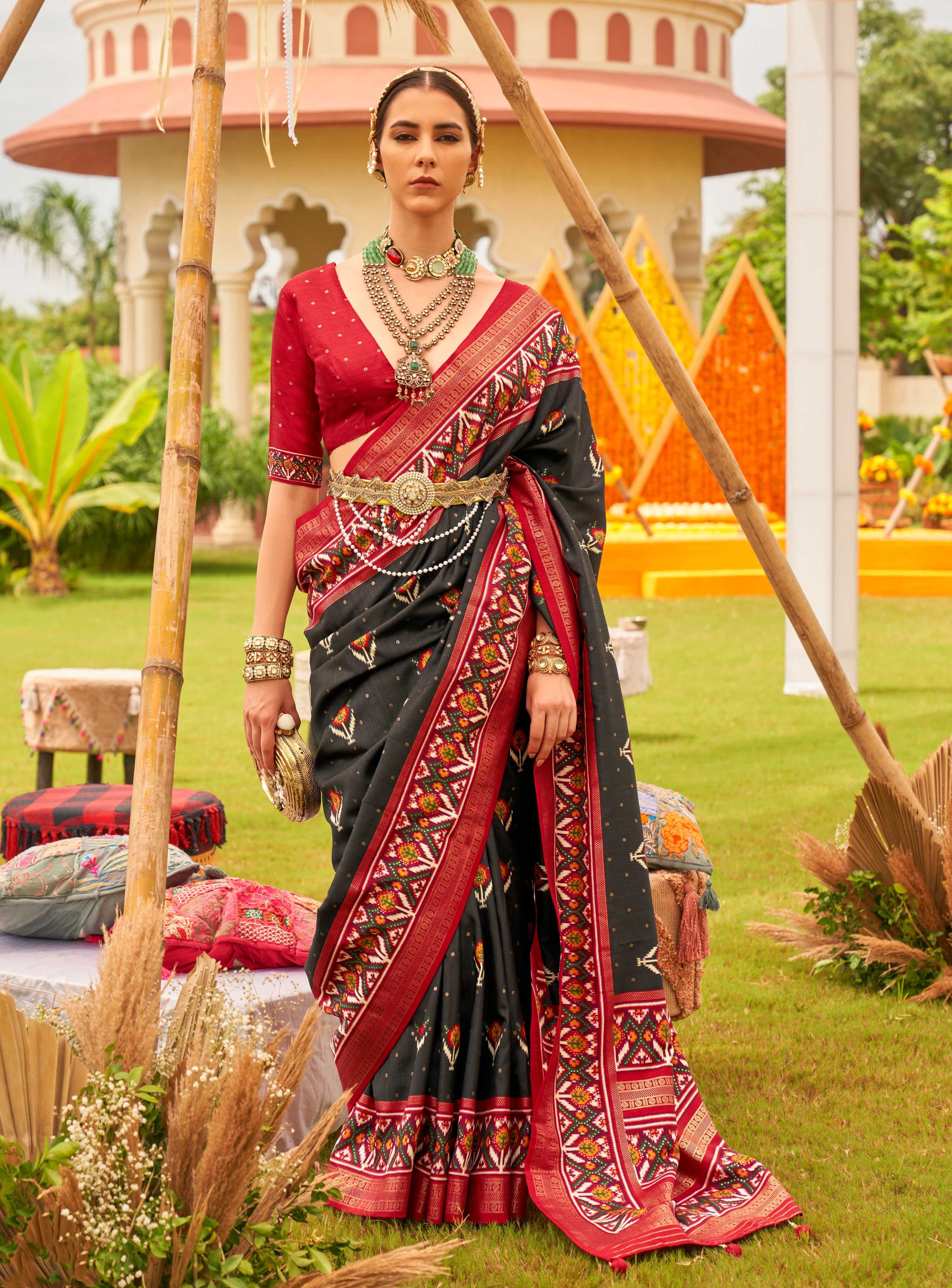 Monjolika Fashion Black Colour Sigma Silk Patola Printed Saree With Blouse | Grocsy