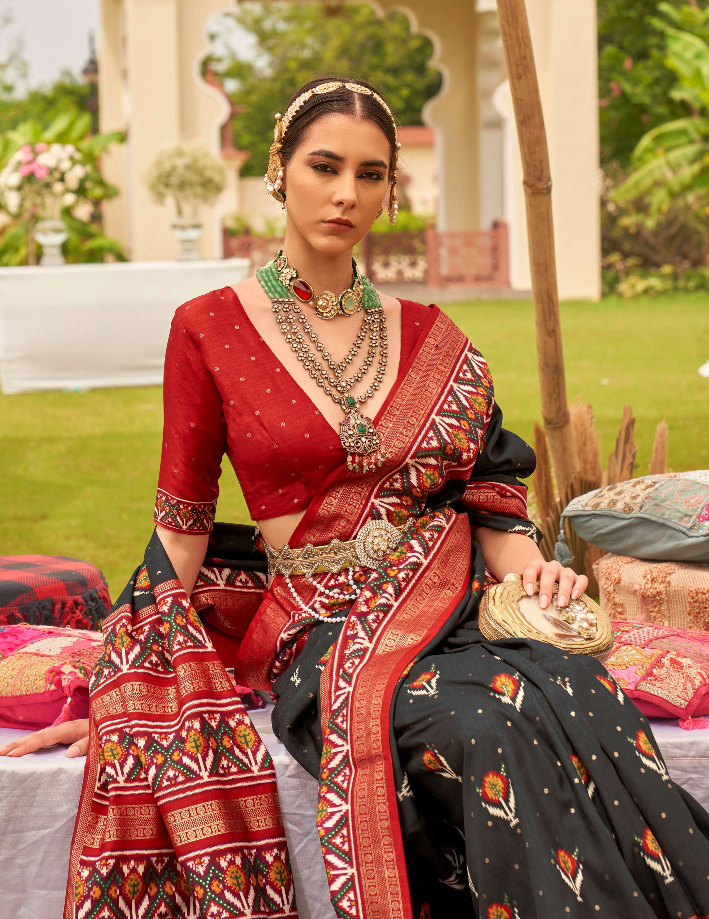 Monjolika Fashion Black Colour Sigma Silk Patola Printed Saree With Blouse | Grocsy