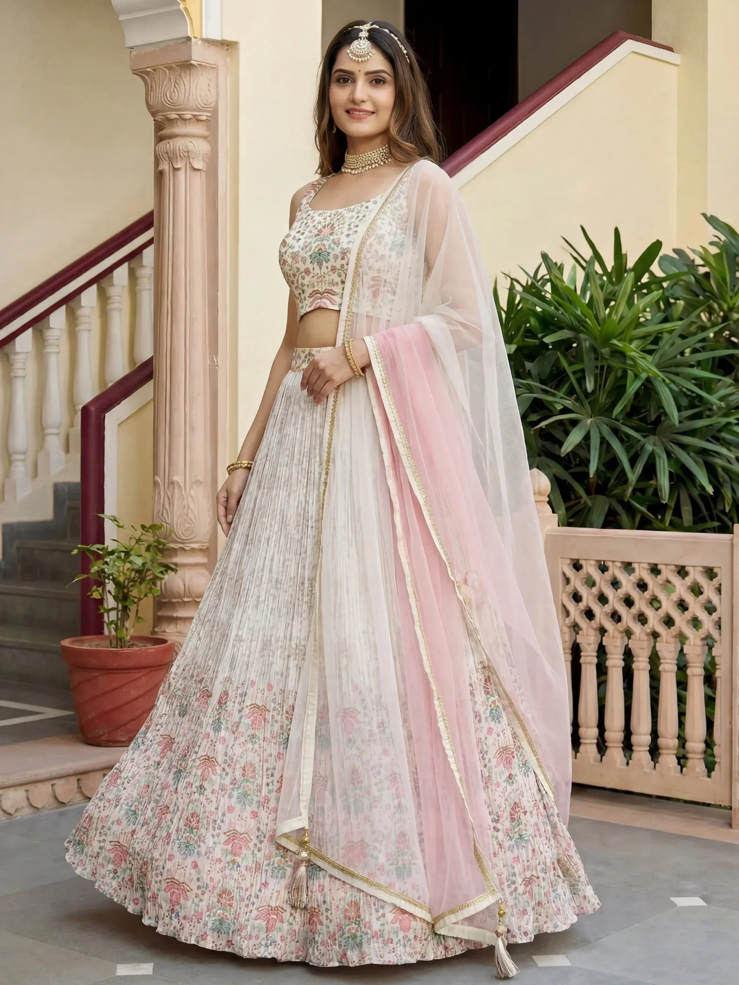 Tulsi Art Pretty Off-White Digital Printed Georgette Festive Wear Lehenga Choli | Grocsy