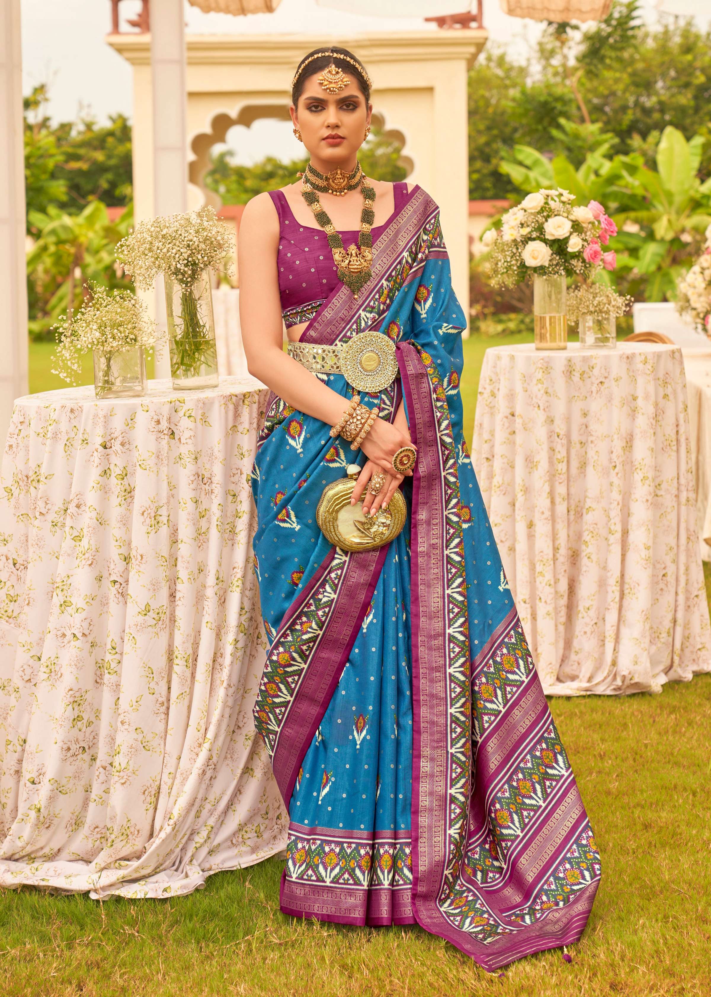 Monjolika Fashion Blue Colour Sigma Silk Patola Printed Saree With Blouse | Grocsy