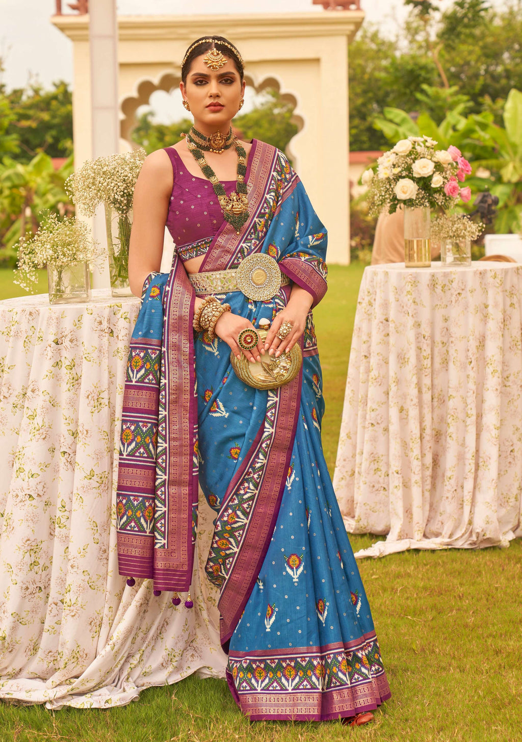 Monjolika Fashion Blue Colour Sigma Silk Patola Printed Saree With Blouse | Grocsy
