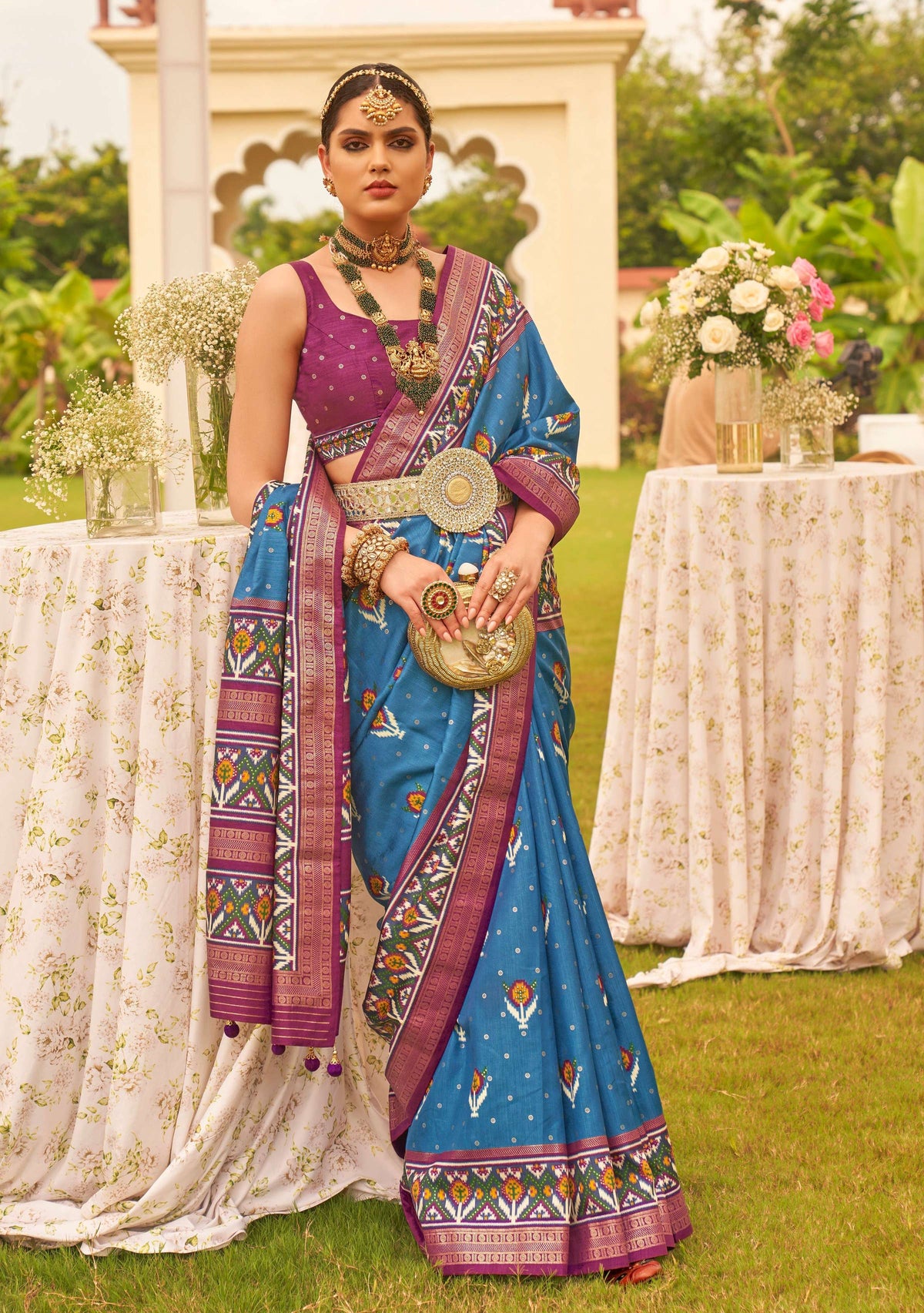 Monjolika Fashion Blue Colour Sigma Silk Patola Printed Saree With Blouse | Grocsy