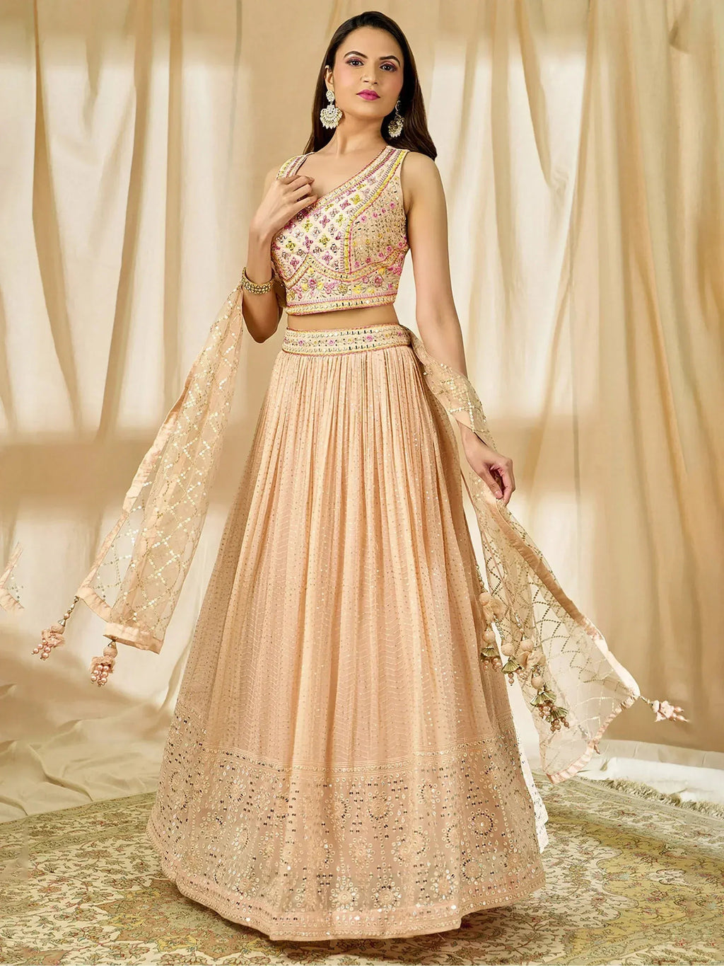 Tulsi Art Beautiful Peach Thread Embroidered Georgette Wedding Lehenga Choli | Grocsy
