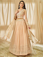 Tulsi Art Beautiful Peach Thread Embroidered Georgette Wedding Lehenga Choli | Grocsy
