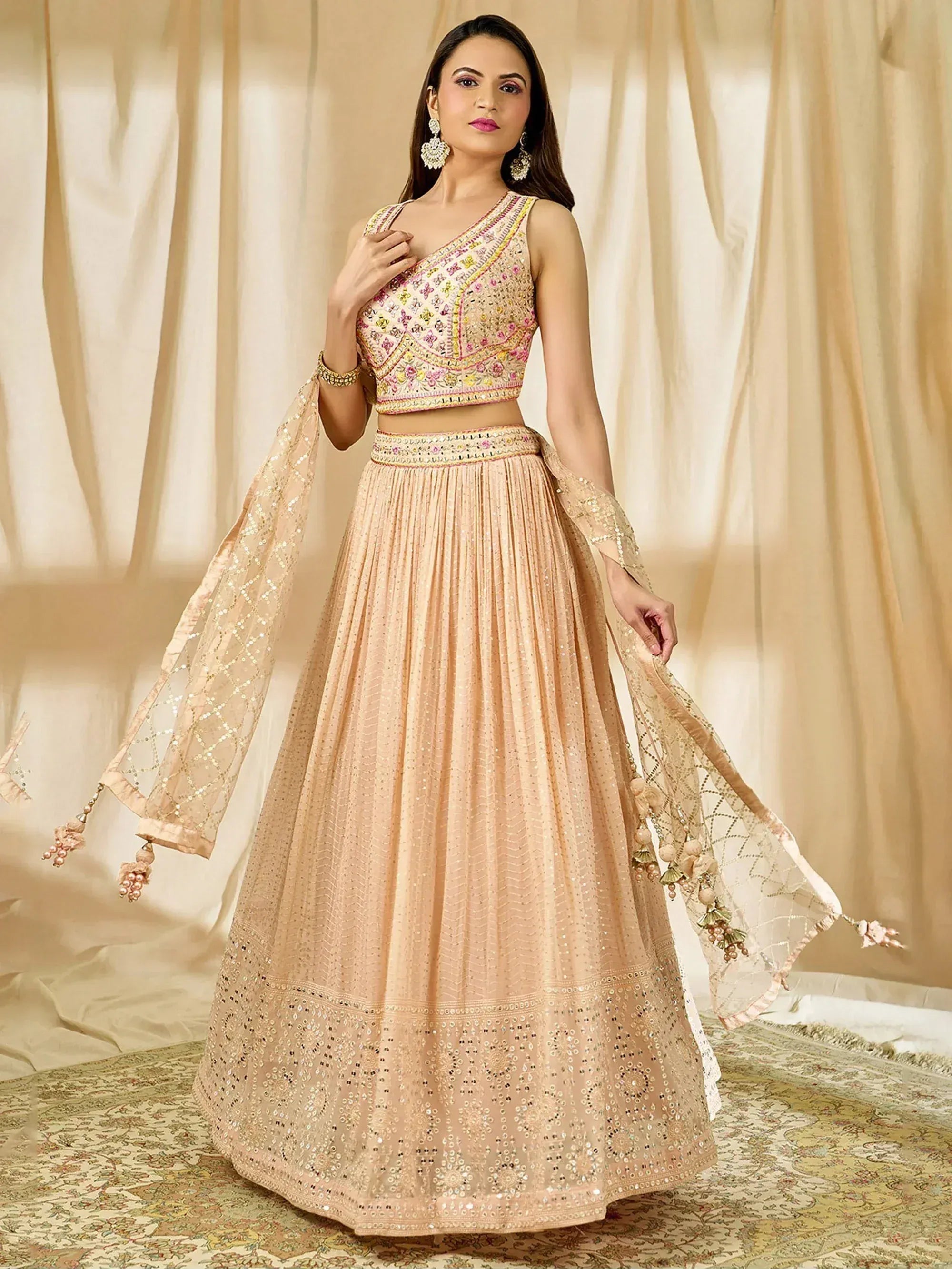 Tulsi Art Beautiful Peach Thread Embroidered Georgette Wedding Lehenga Choli | Grocsy