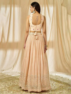 Tulsi Art Beautiful Peach Thread Embroidered Georgette Wedding Lehenga Choli | Grocsy