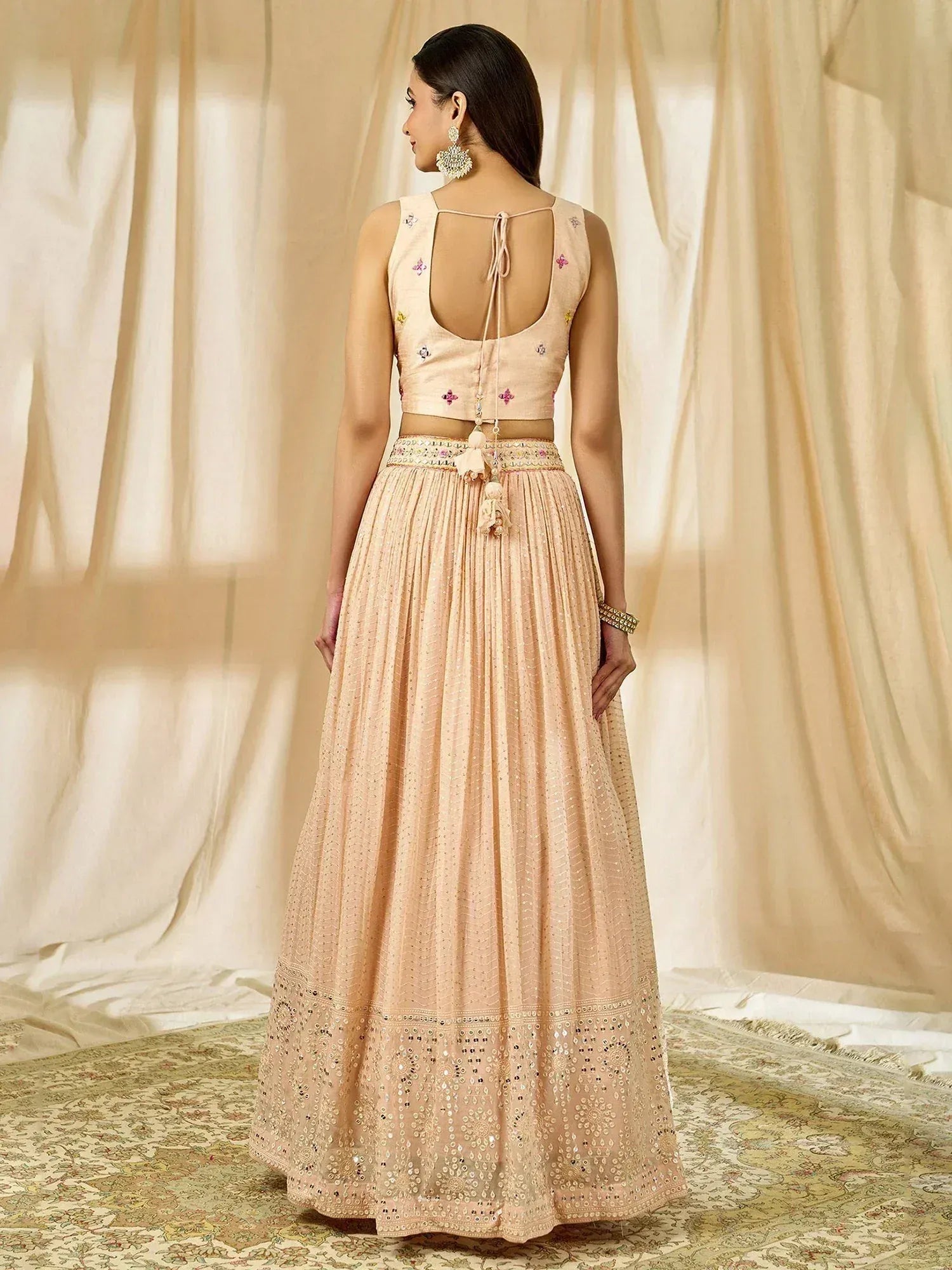 Tulsi Art Beautiful Peach Thread Embroidered Georgette Wedding Lehenga Choli | Grocsy