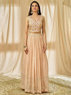 Tulsi Art Beautiful Peach Thread Embroidered Georgette Wedding Lehenga Choli | Grocsy