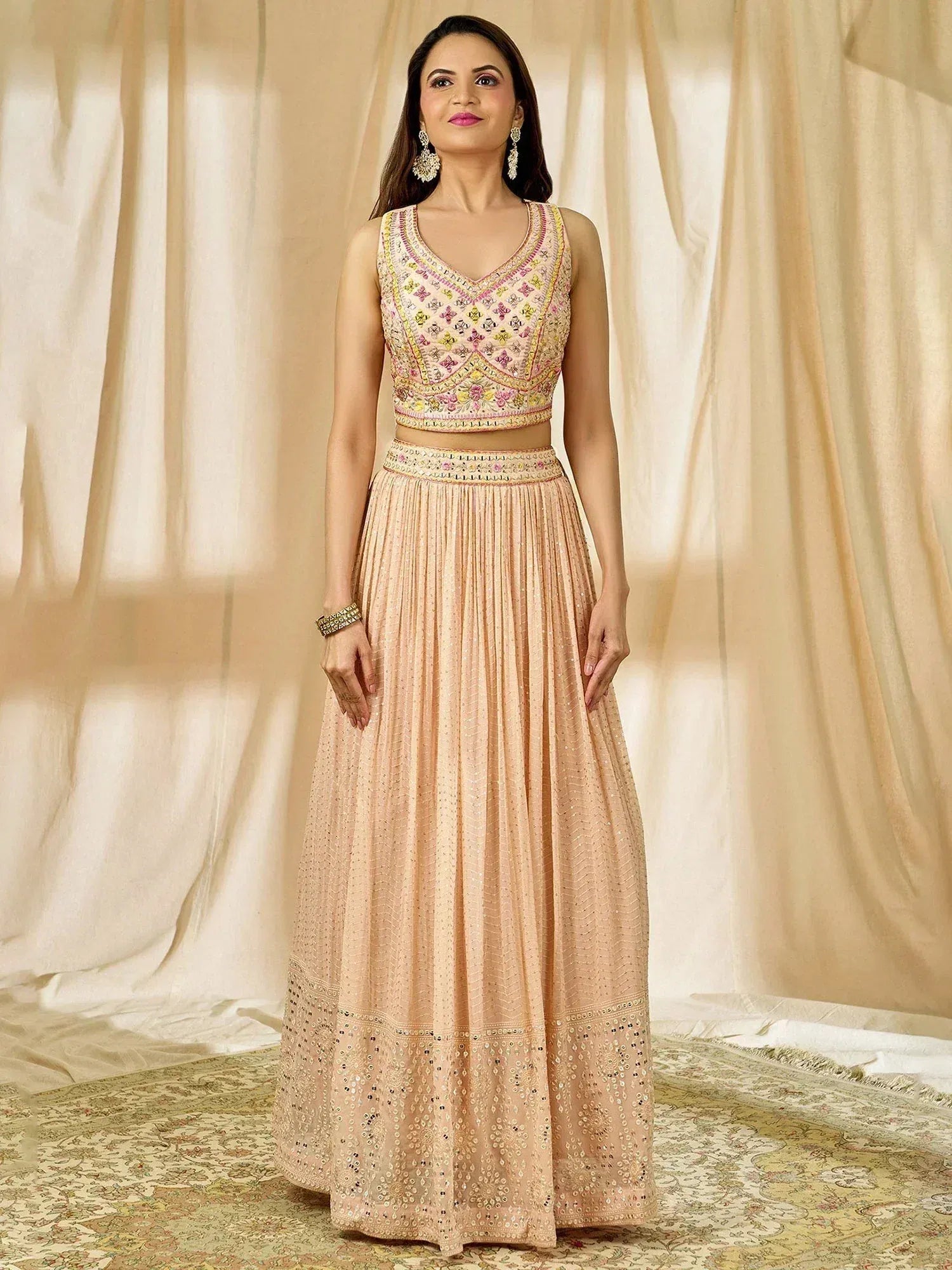 Tulsi Art Beautiful Peach Thread Embroidered Georgette Wedding Lehenga Choli | Grocsy
