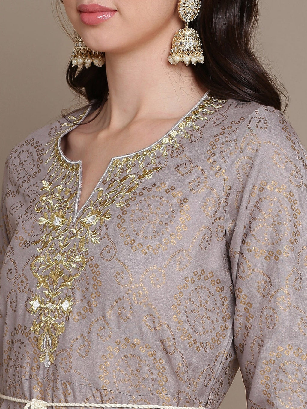 HERE&NOW Embroidered Bandhani Printed Notched Neck Thread Work Anarkali Kurta | Grocsy