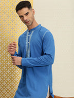 House of Pataudi Men Pure Cotton Solid Chikankari Jashn Short Kurta | Grocsy