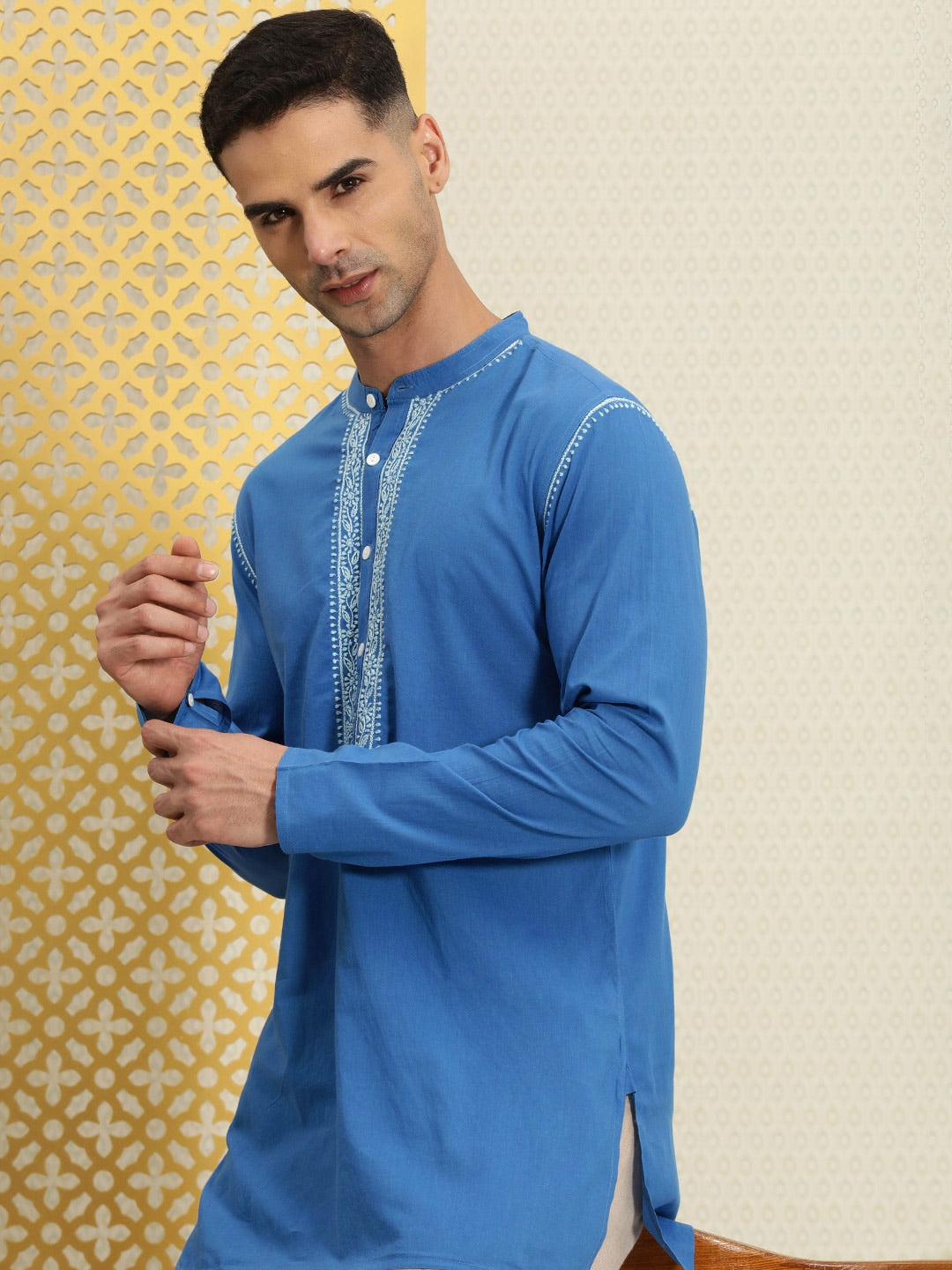 House of Pataudi Men Pure Cotton Solid Chikankari Jashn Short Kurta | Grocsy