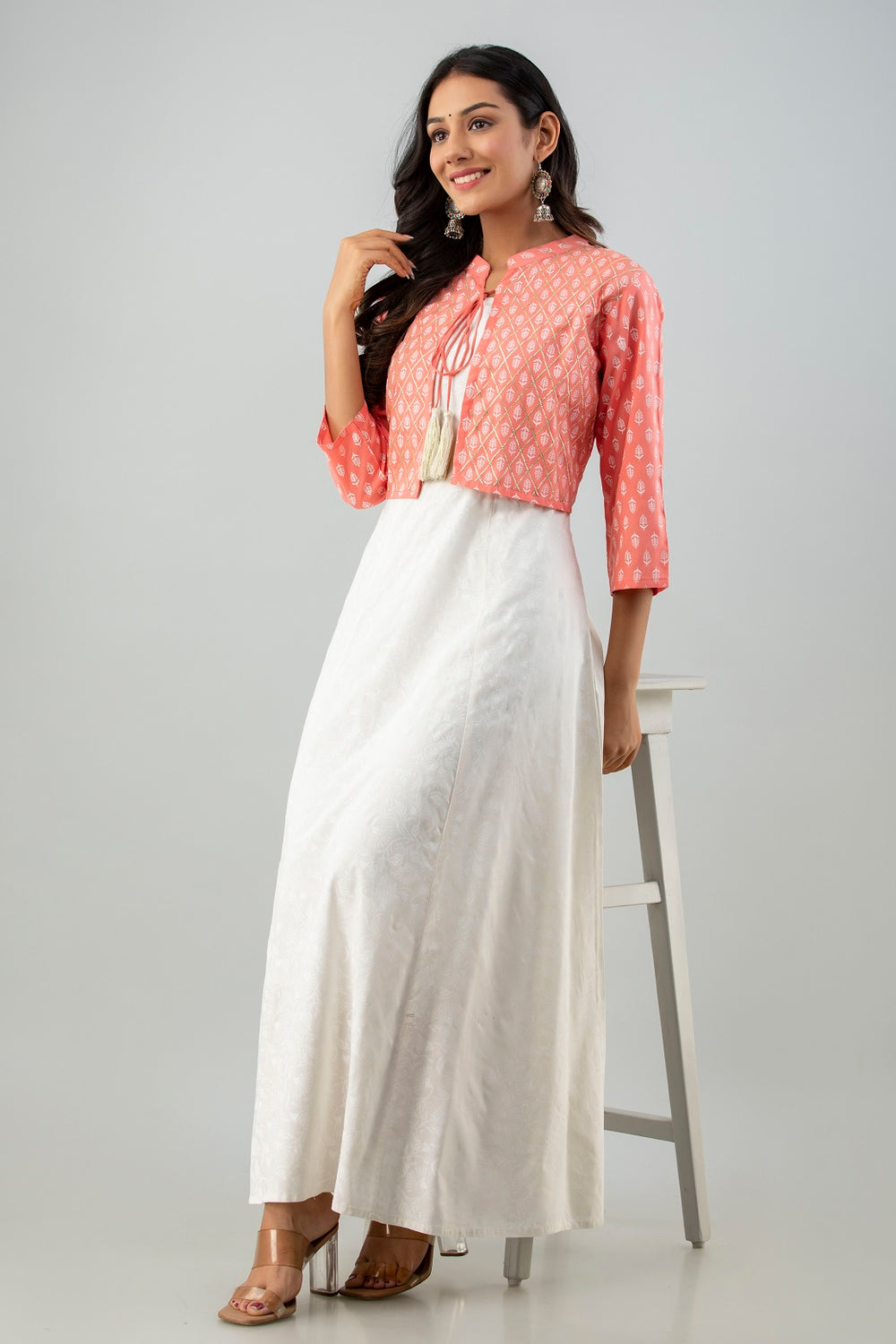 Juniper Women's White Pink Rayon Printed Flared Dress | Grocsy