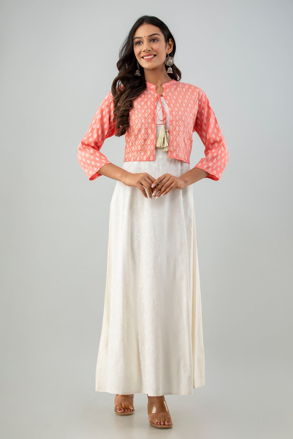 Juniper Women's White Pink Rayon Printed Flared Dress | Grocsy