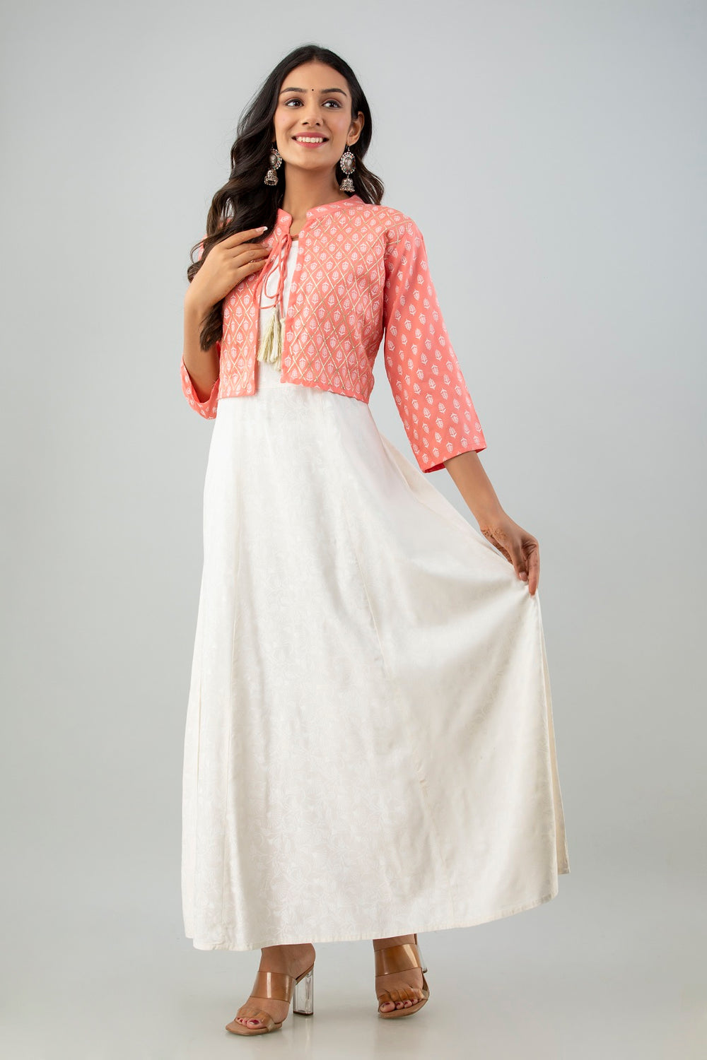 Juniper Women's White Pink Rayon Printed Flared Dress | Grocsy