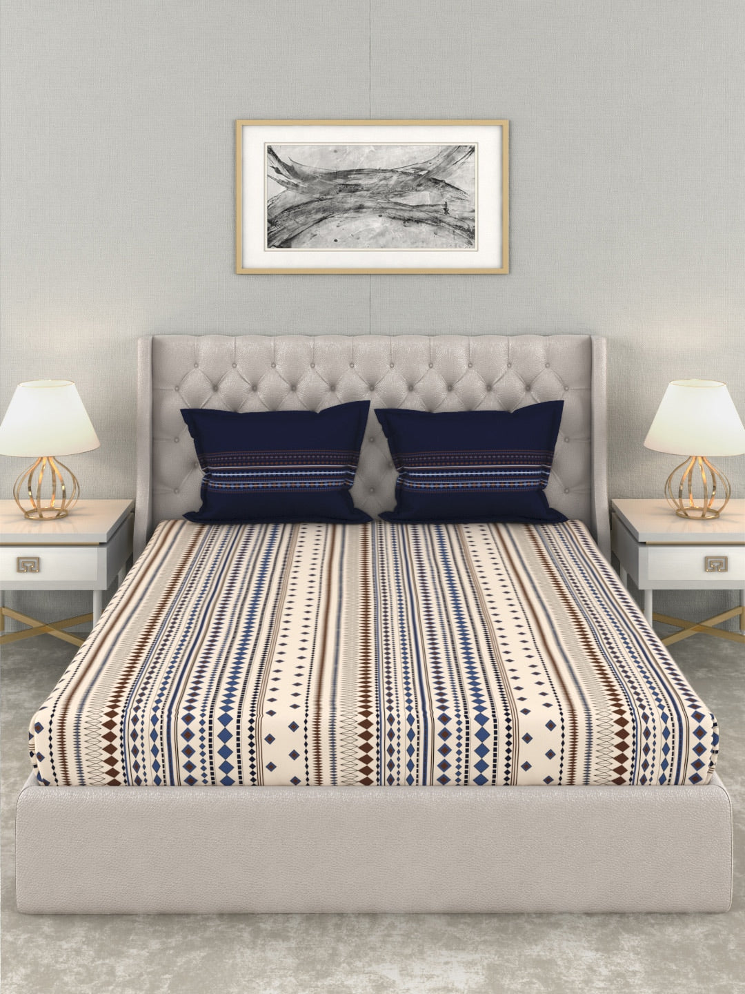 MYTRIDENT Multicoloured Blue Geometric 120 TC Cotton 1 Queen Bedsheet with 2 Pillow Covers | Grocsy