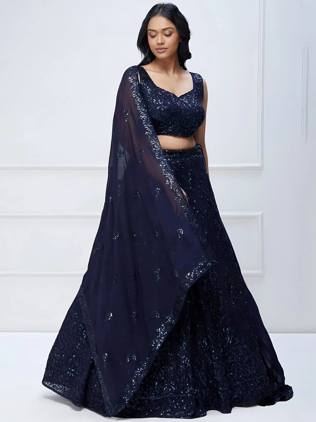 Tulsi Art Amazing Navy Blue Sequins Georgette Reception Wear Lehenga Choli | Grocsy