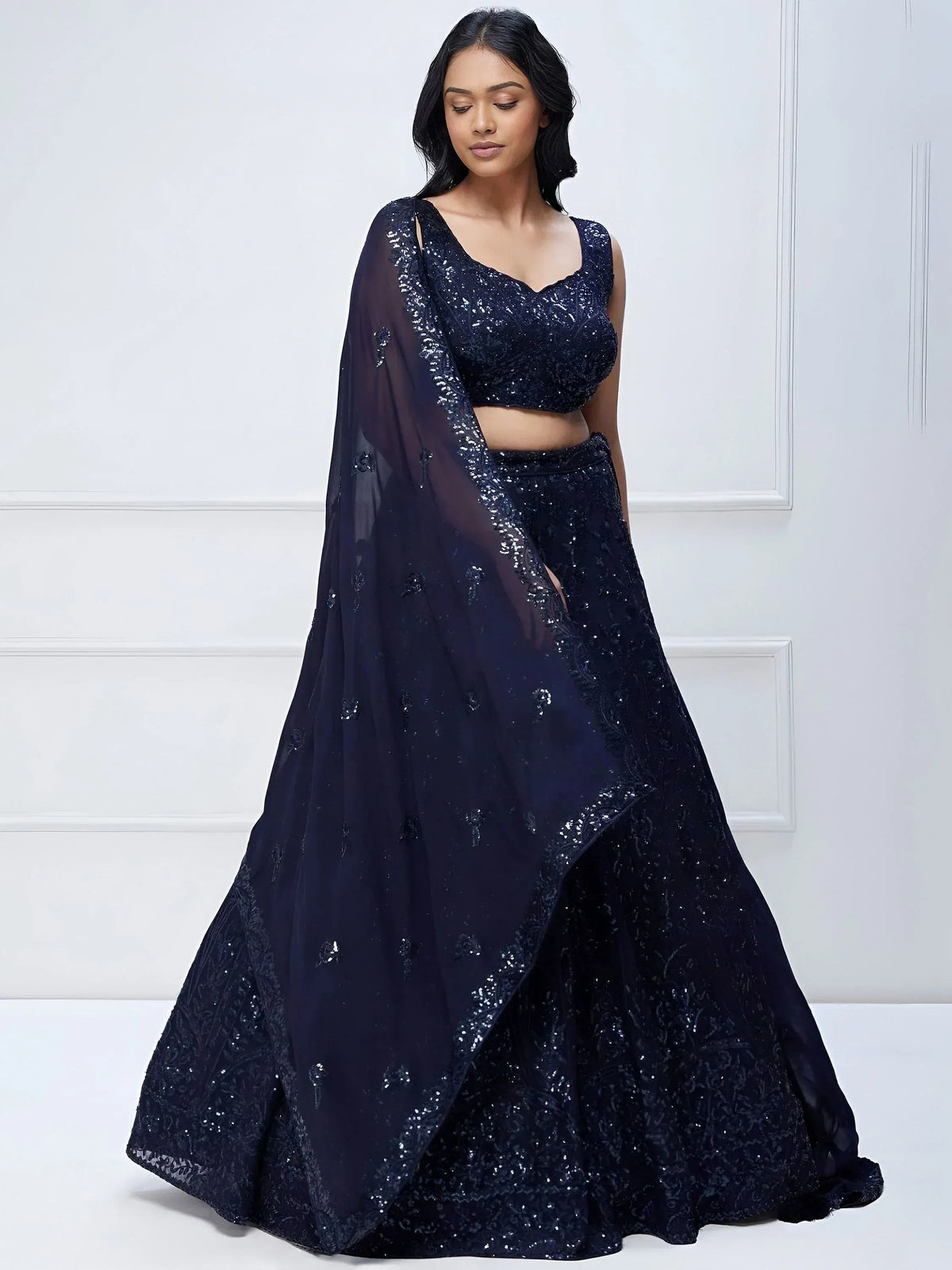 Tulsi Art Amazing Navy Blue Sequins Georgette Reception Wear Lehenga Choli | Grocsy