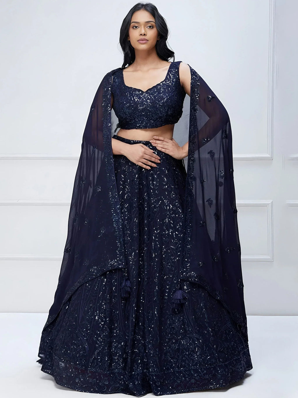 Tulsi Art Amazing Navy Blue Sequins Georgette Reception Wear Lehenga Choli | Grocsy